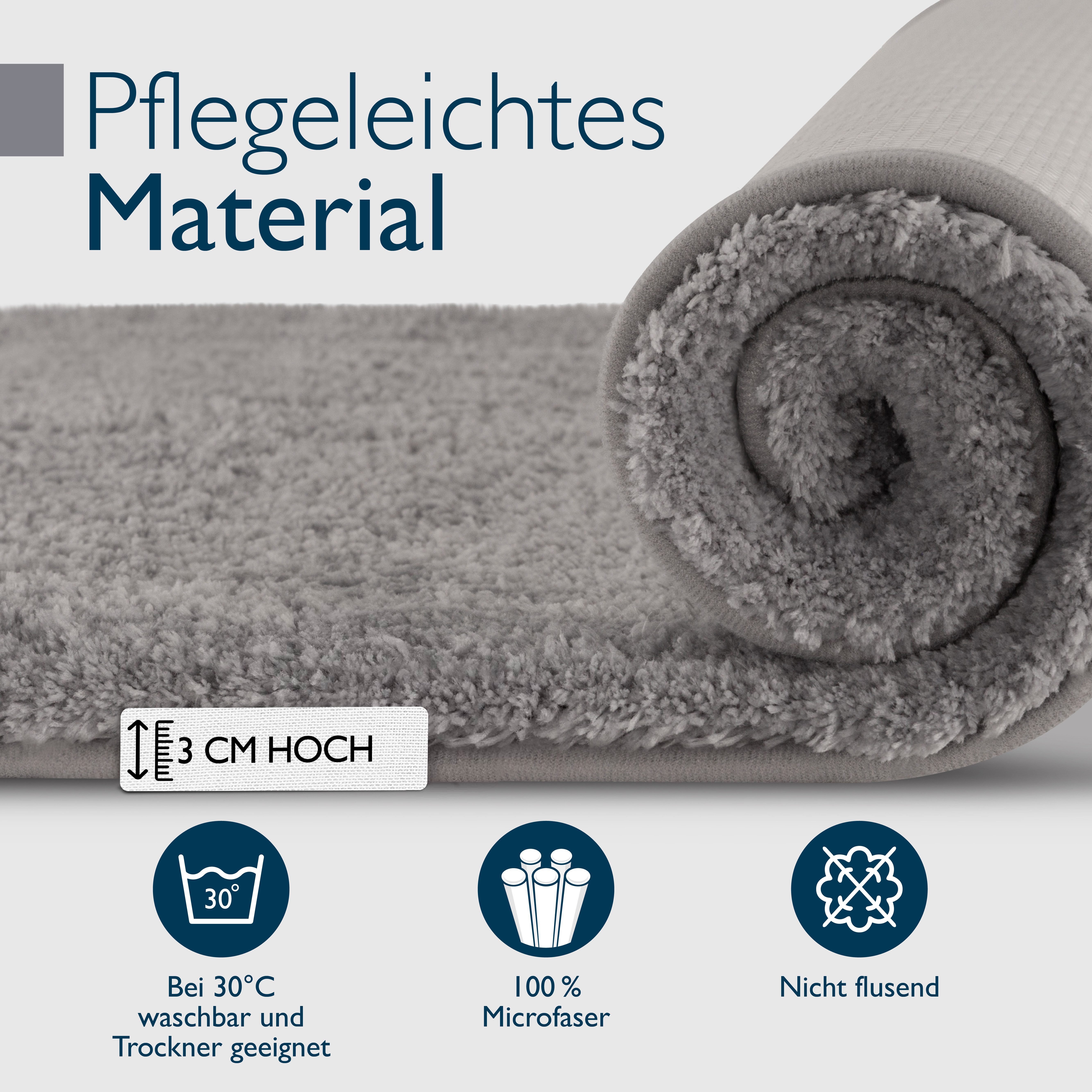 Beautissu Badematte Badematte rutschfest BeauMare FL, 60x50cm, Grau, Höhe 30 mm, Polyester, 60x50 cm Duschvorleger Hochflor Badteppich rutschfest Waschbar Shagg – Bild 4 von 5