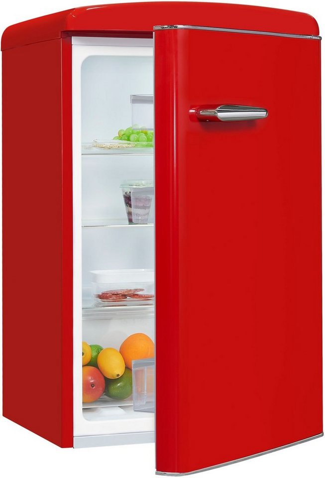 exquisit Kühlschrank RKS120-V-H-160F rot, 89,5 cm hoch, 55 cm breit, 122 L  Volumen, Türablagen - einfaches Verstauen verschiedener Lebensmittel