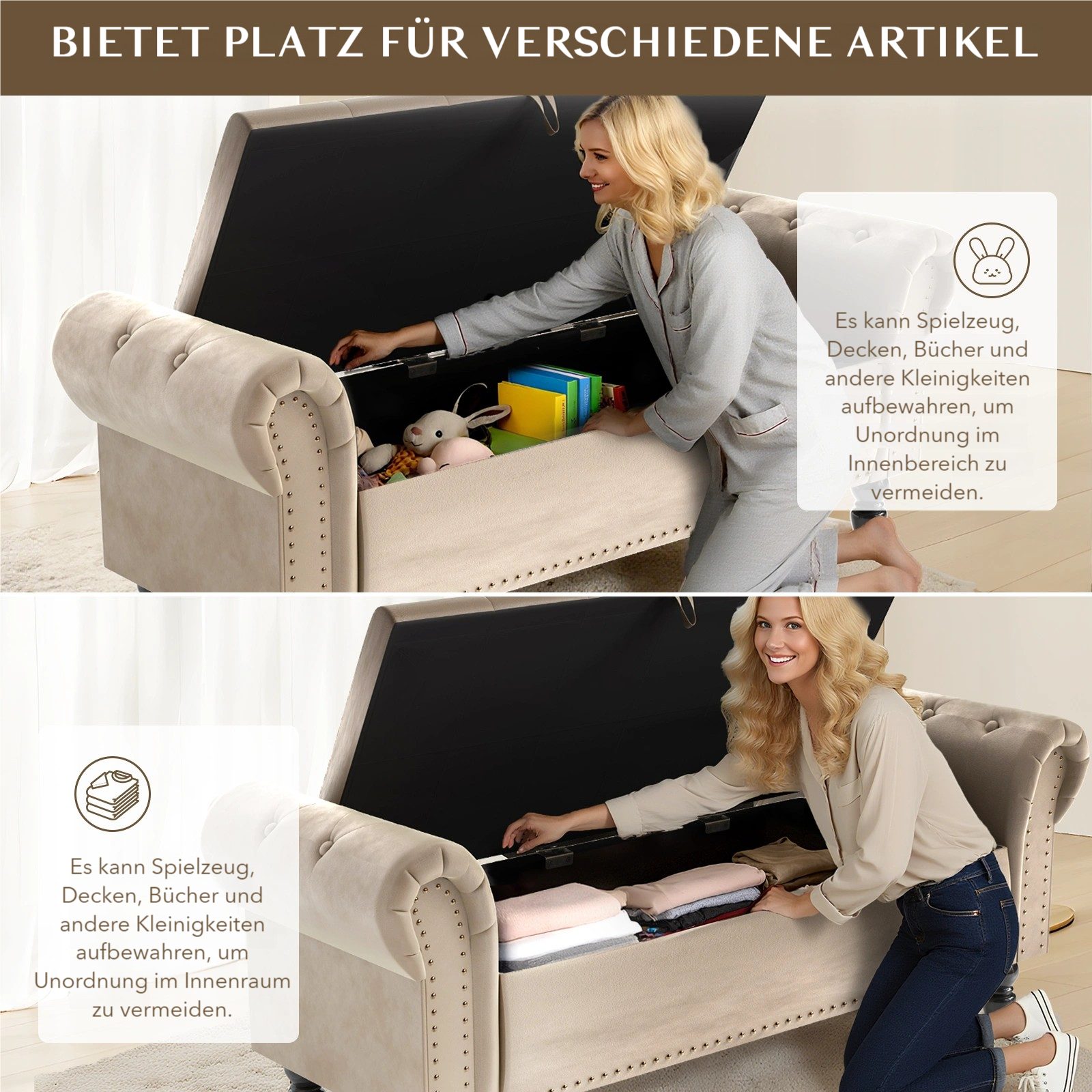 TLGREEN Bettbank Doppelter Hocker mit Stauraum, (Samt,Eleganz und Komfort mit Stauraum), Multifunktionsbank für Wohnzimmer,Schlafzimmer – Bild 4 von 5