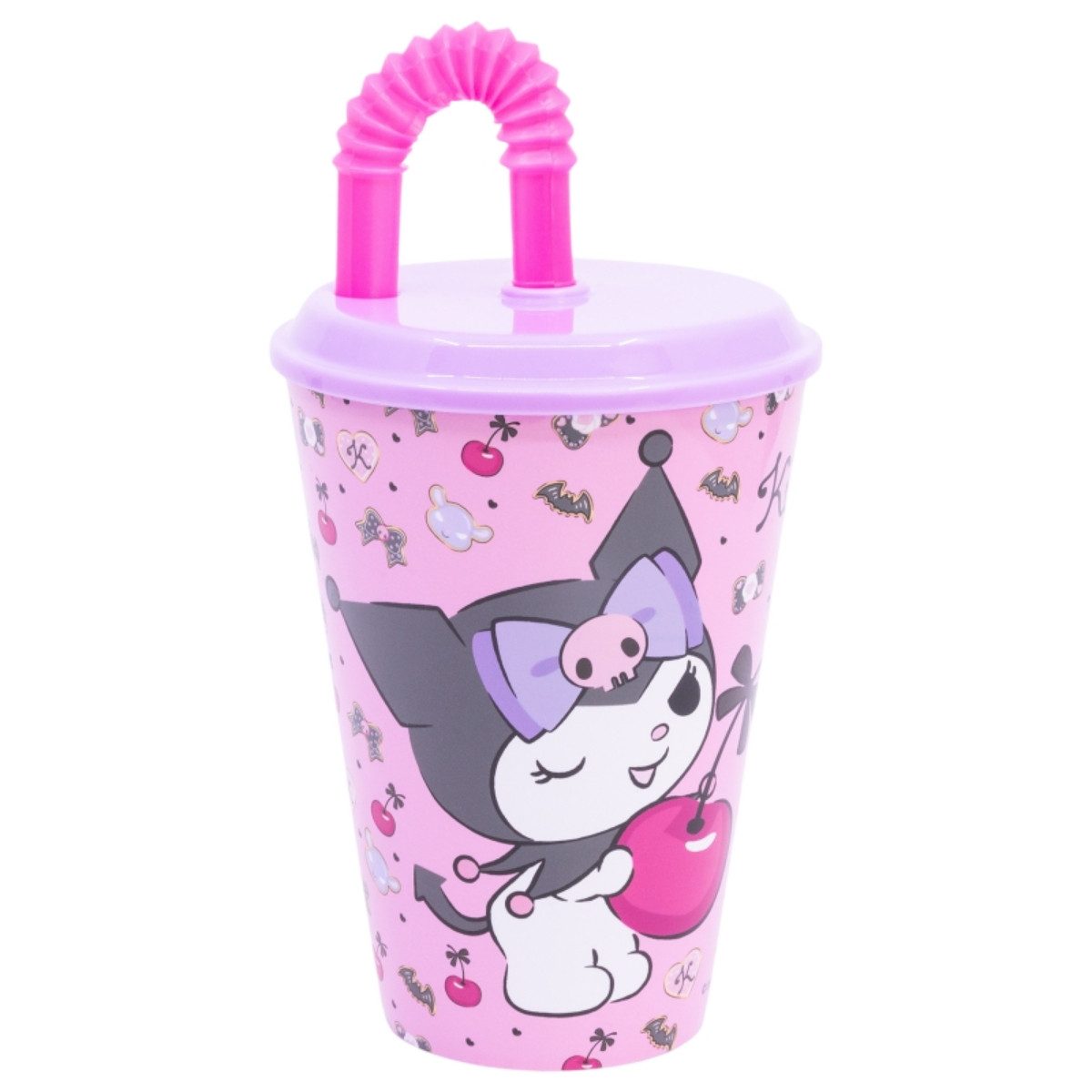 Hello Kitty Becher Kuromi Trinkbecher 430 ml mit Deckel und Strohhalm, Polyethylen