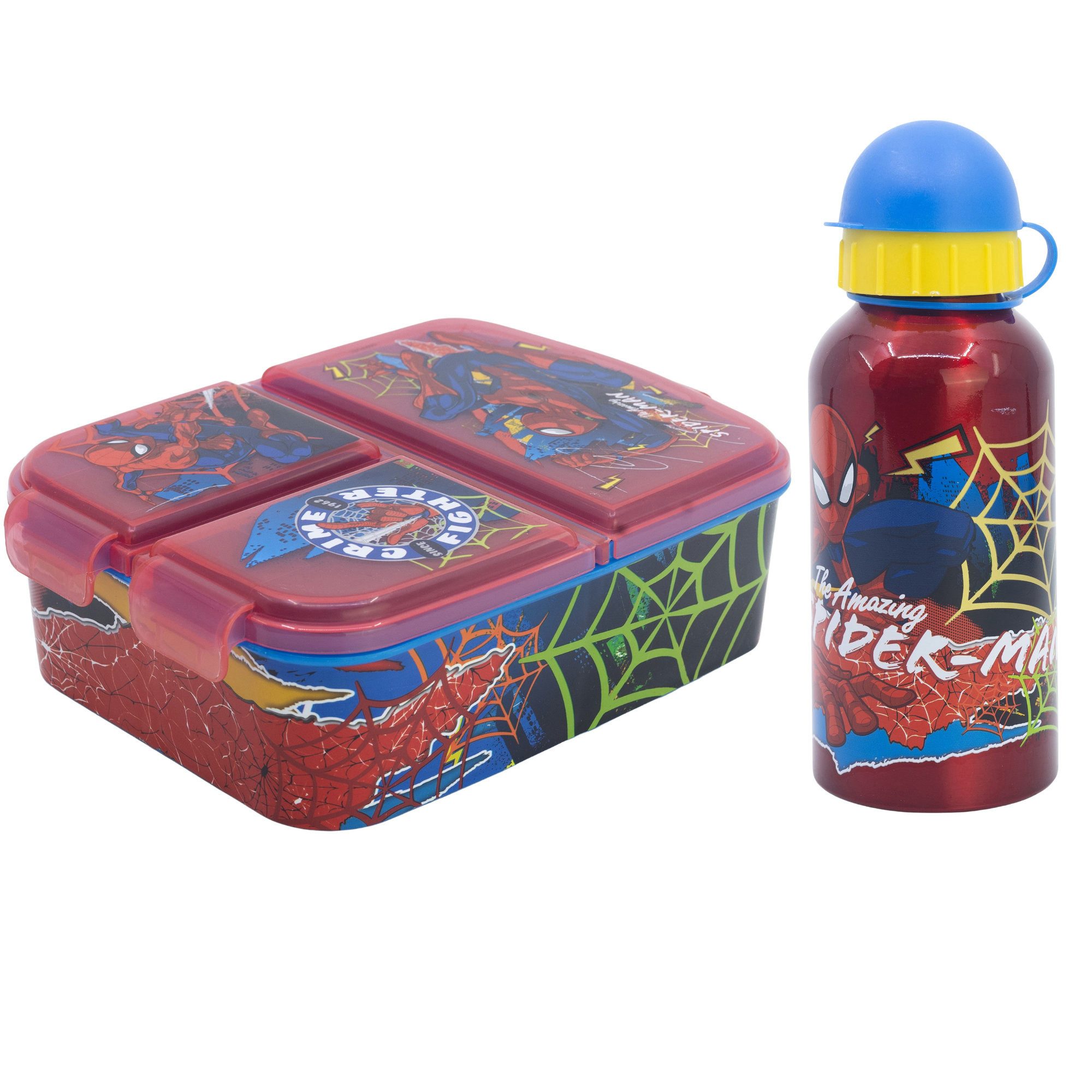 MARVEL Lunchbox Marvel Spiderman 2 tlg Kinder Set 3 Kammern Brotdose Alu Trinkflasche, (Spar-Set, 2-tlg., Spar-Set)