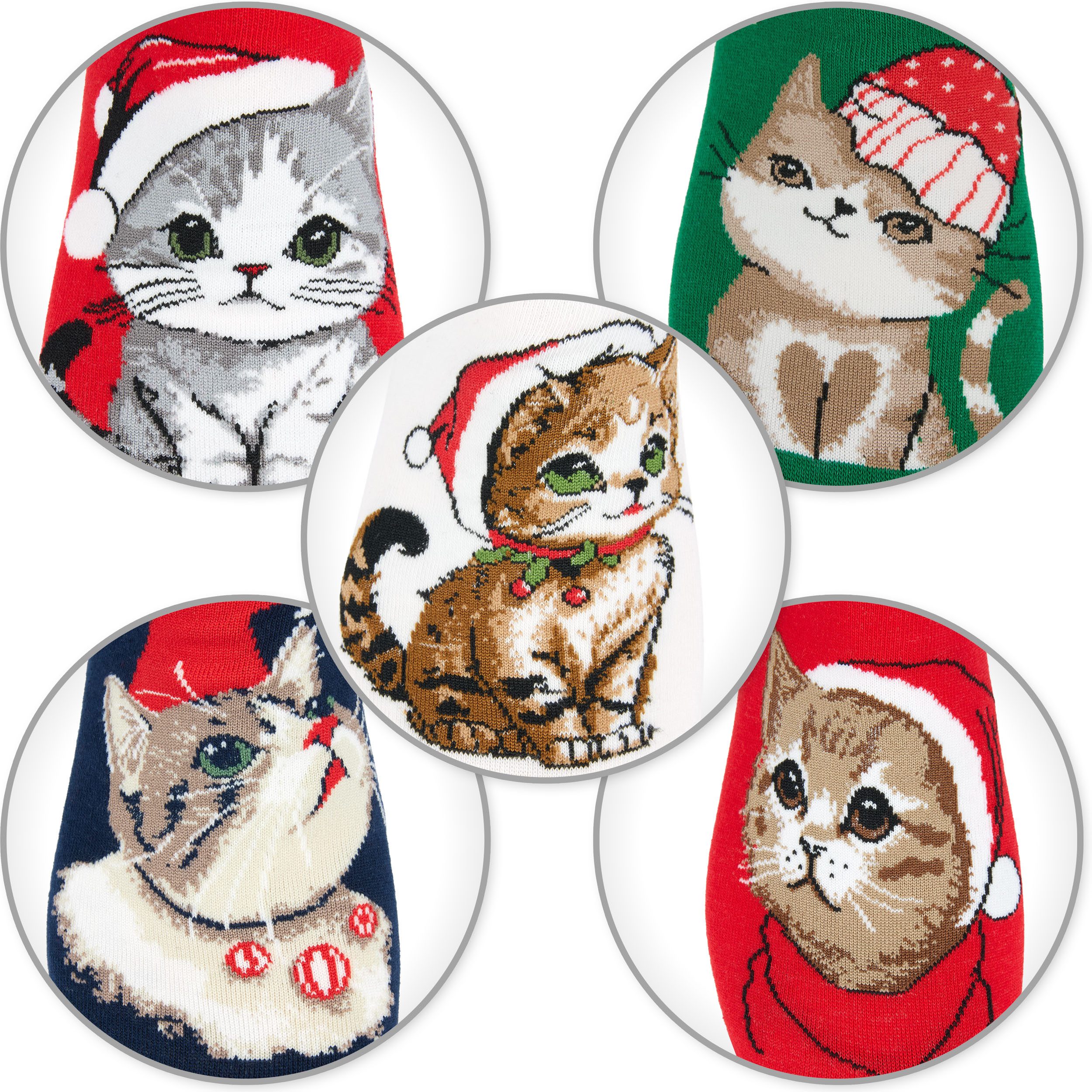 BRUBAKER Socken Damen und Herren Weihnachtssocken - Merry Catmas Unisexsocken (Bunte Baumwollsocken für Frauen und Männer - Geschenkset, 5-Paar, Damensocken mit humorvollen Katzenmotiven) Lustige Herrensocken für Weihnachten & Nikolaus