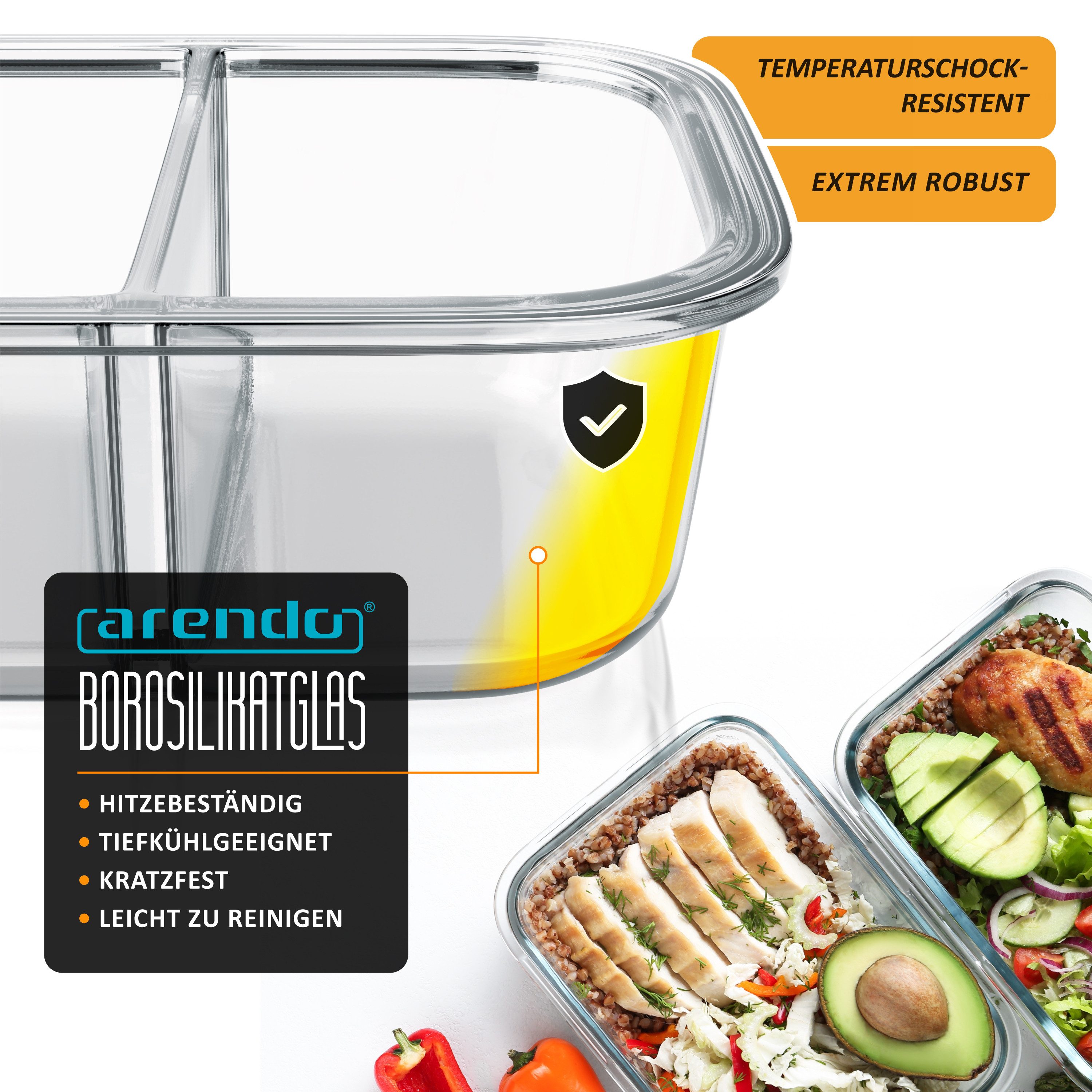Arendo Frischhaltedose 2er Set Glas Vorratsdosen, 2 Fächer, Lunchboxen, auslaufsicher, Deckel, Borosilikatglas, (Set, 2-tlg., mit 2 Fächern), Mikrowellen, Ofen, Gefrier & spülmaschinengeeignet, Bento, Meal Prep