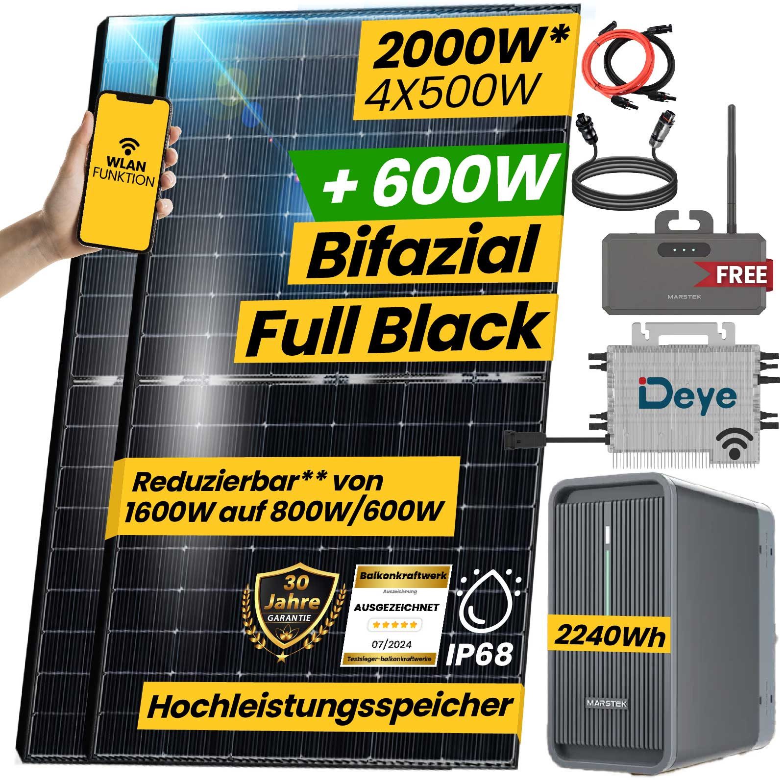 Stegpearl Balkonkraftwerk 2000W Speicher Komplettset mit 2,24 kWh Marstek B2500-D Speicher, 2000,00 W, Monokristallin, (4x 500W Bifazial Module Plug & Play, inkl. Deye 1600W Smart WIFI Wechselrichter), Smart Mini Anlage