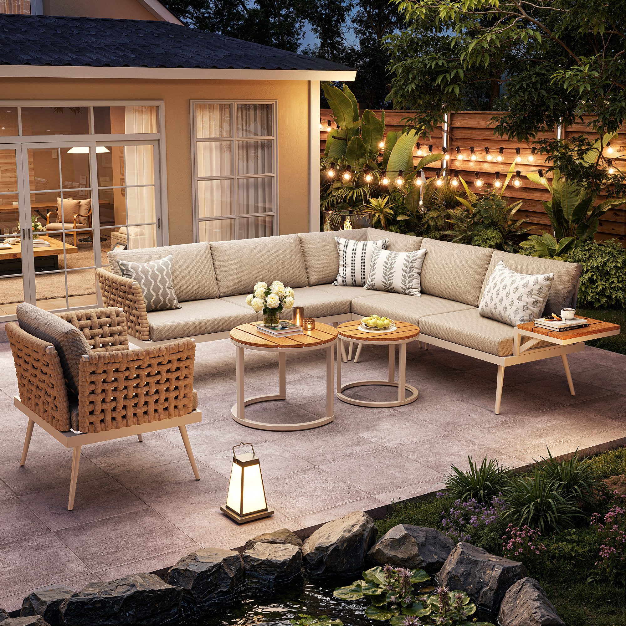 Flieks Gartenlounge-Set, 6-Sitzer L-Form Gartensofa Eckgarnitur mit 2 stapelbaren Couchtische
