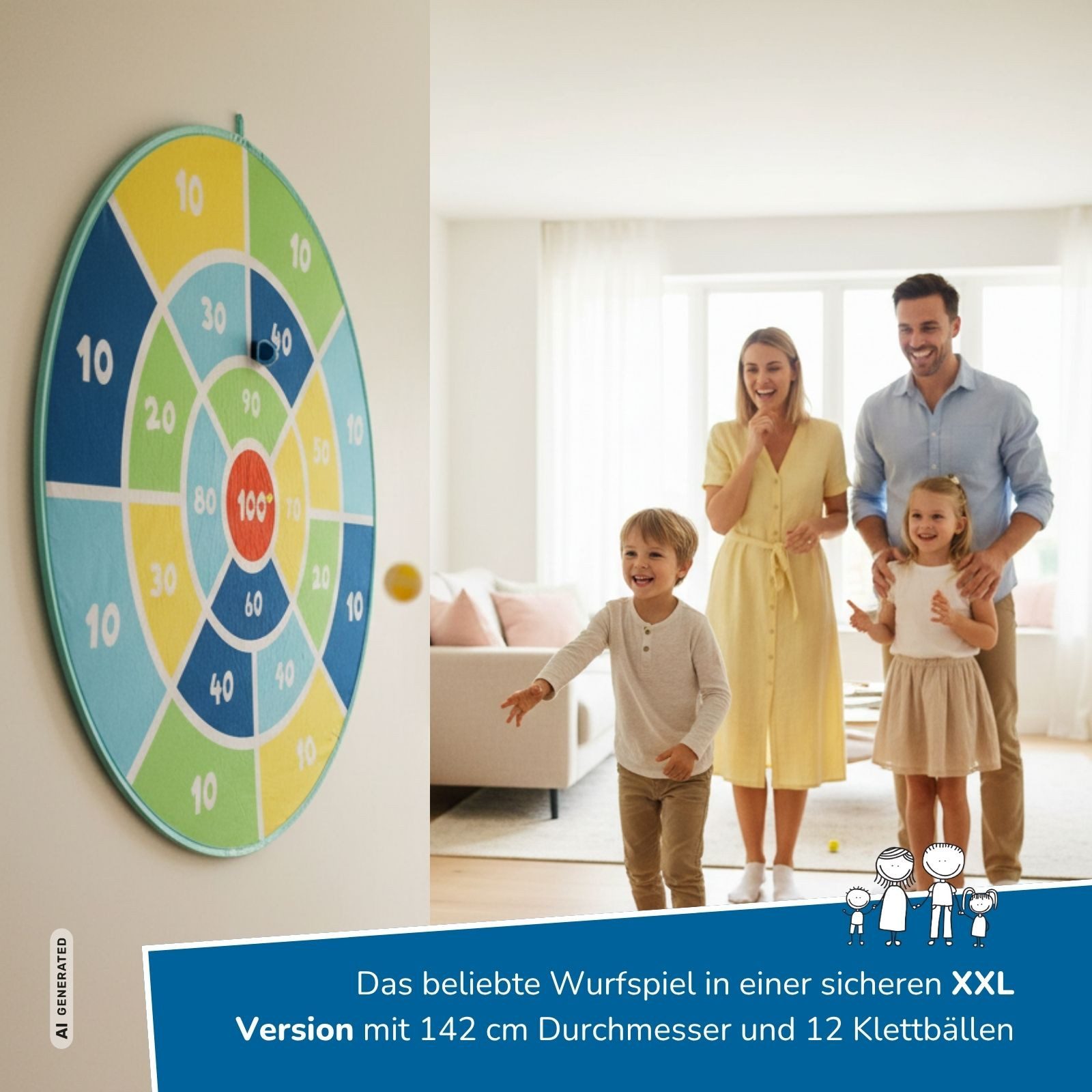 alldoro Softdarts XXL Dartscheibe 142cm – Klett-Dartspiel für Kinder ab 3 Jahren, riesige, faltbare Klettwurfscheibe zum Aufhängen, mit 12 bunten Bällen