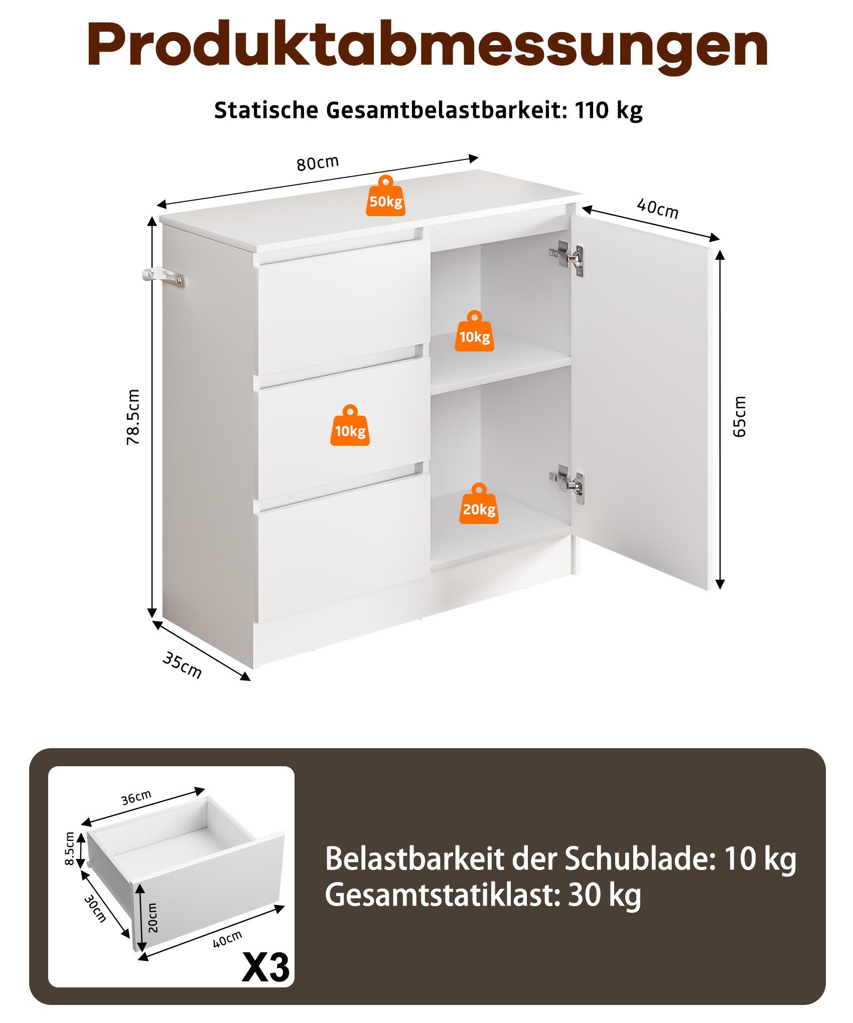 Yorbay Sideboard Weiß Kommode 80.5cm Beistellschrank mit 1 Türen und 3 Schubladen, 1 versteckten kleinen Schublade Maße:80.5x35x79cm – Bild 4 von 5