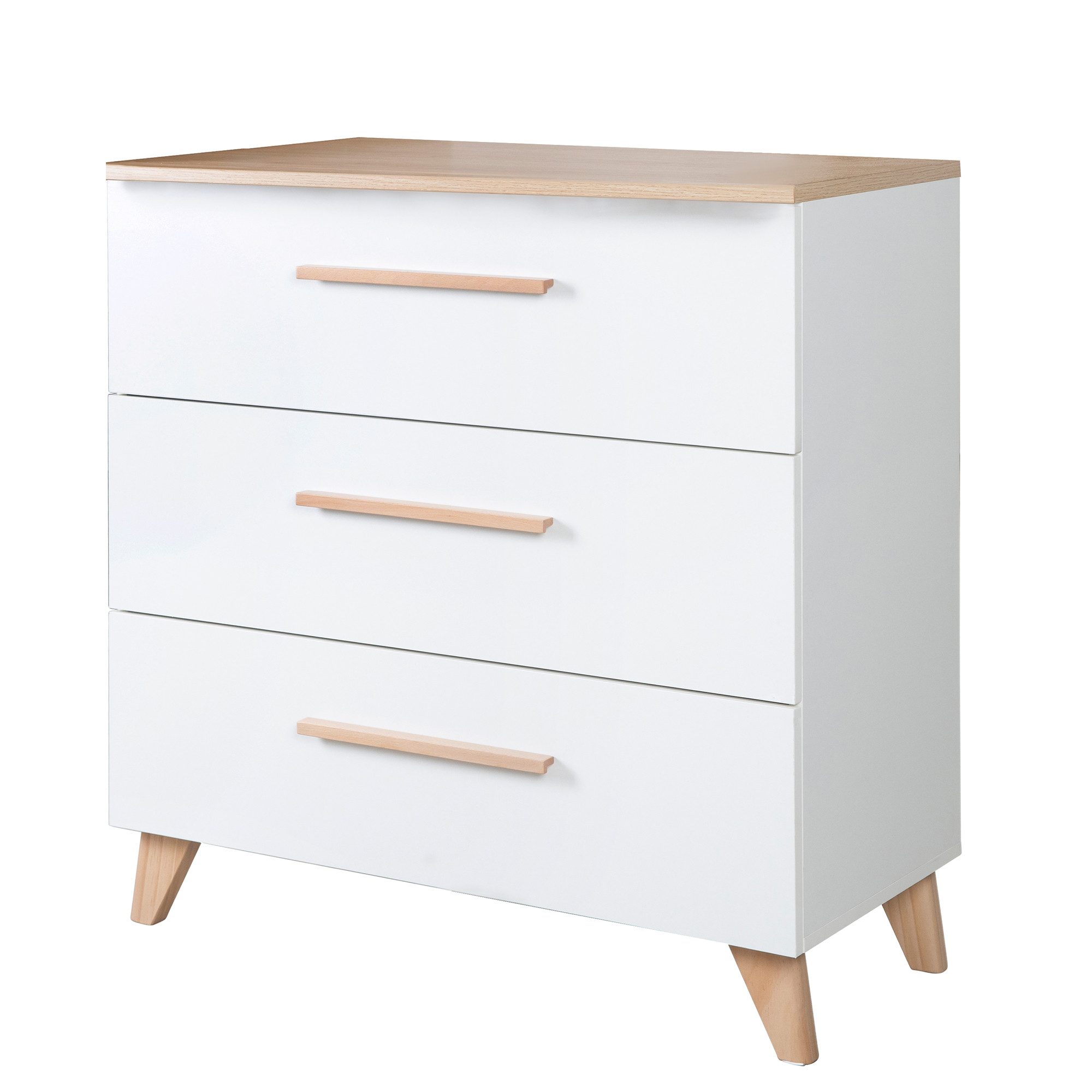roba® Leon changing table - made of wood - in white with Othello oak decor - 3 drawers, with full extension - solid wood feet & handles