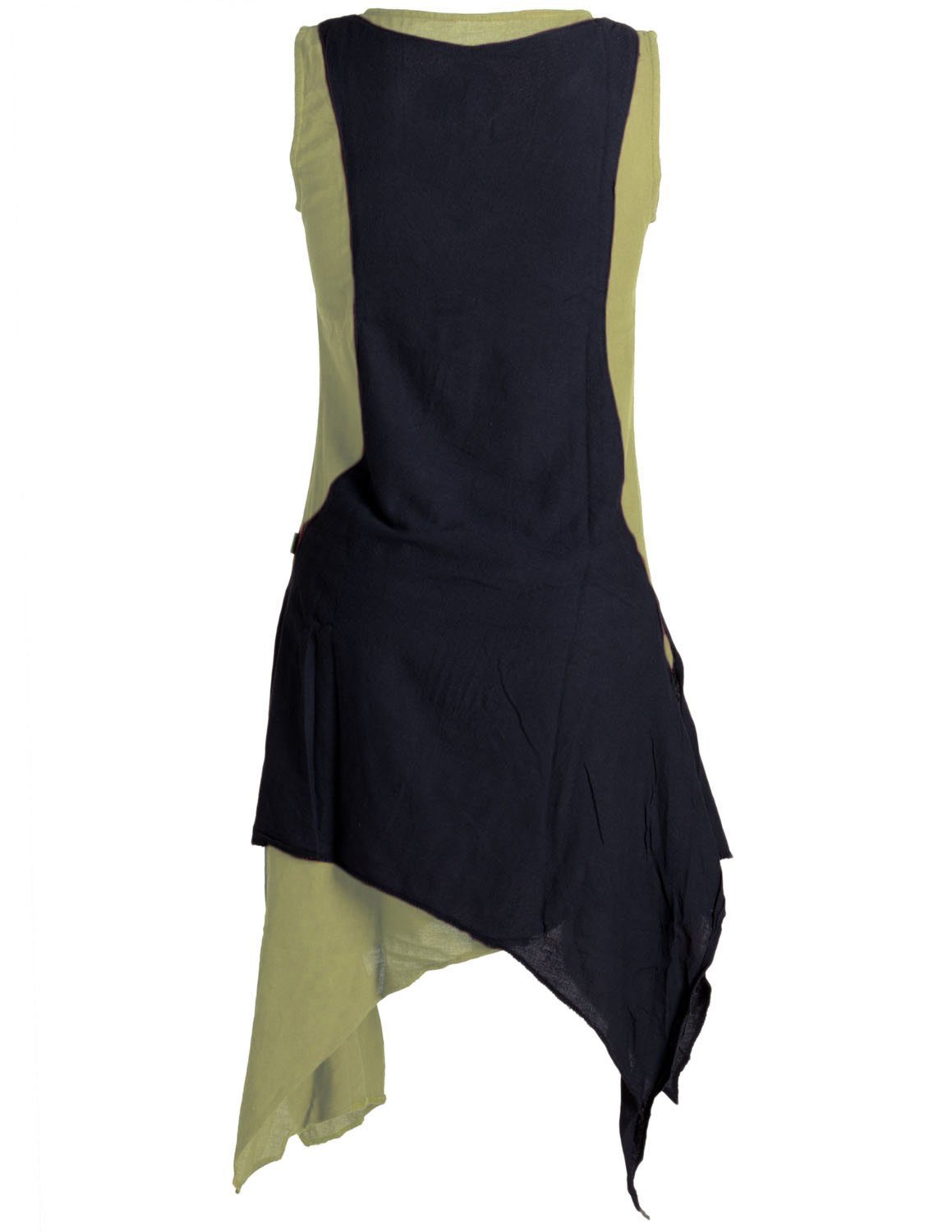 Vishes Sommerkleid Ärmelloses Lagenlook Hippie Goa, Baumwolle handgewebte Boho, olive-schwarz Kleid Style