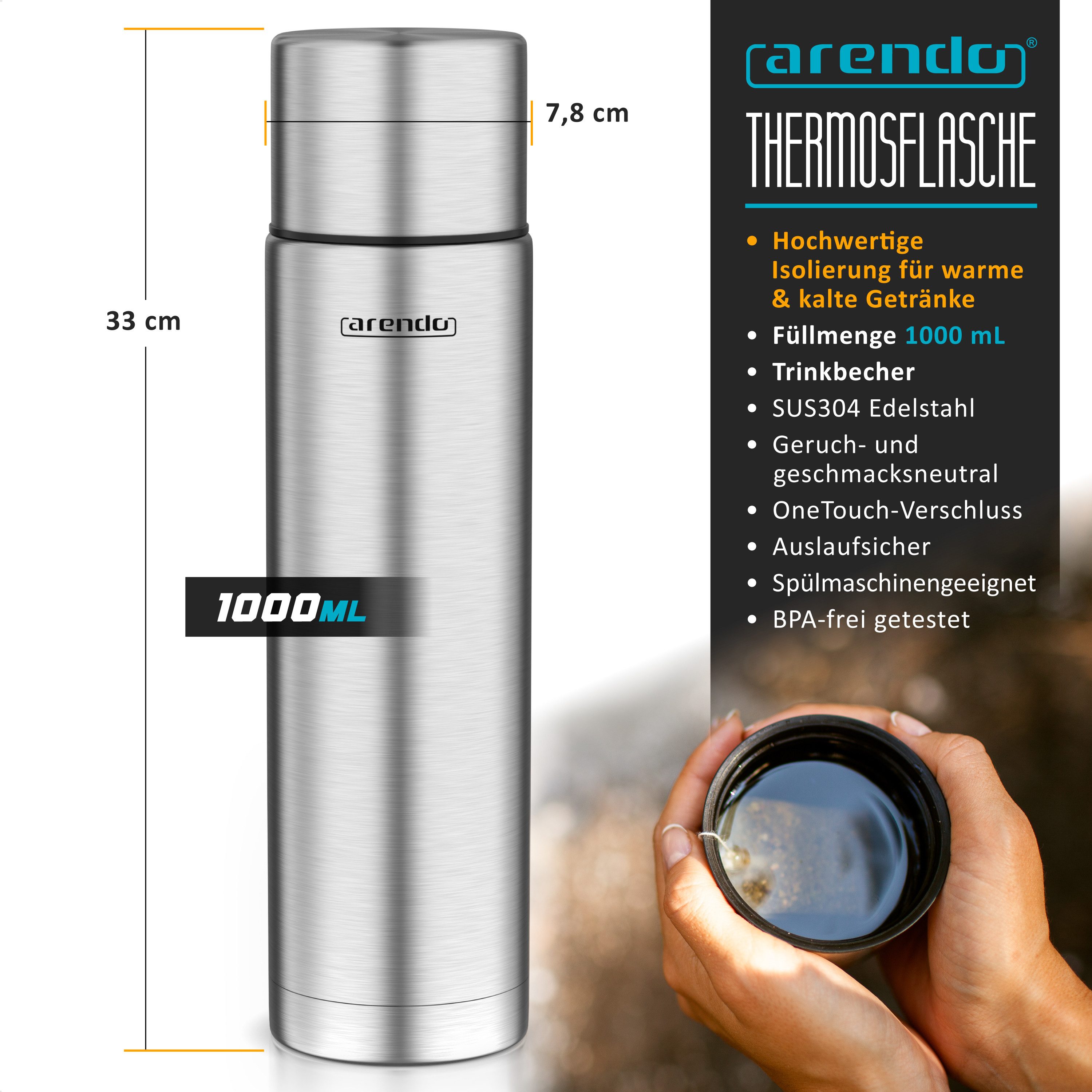 Arendo Thermoflasche auslaufsichere Isolierflasche 1L, Edelstahl Trinkflasche für Unterwegs, hält Stundelang kalt & warm, BPA-frei, geschmacksneutral, 1000 ml