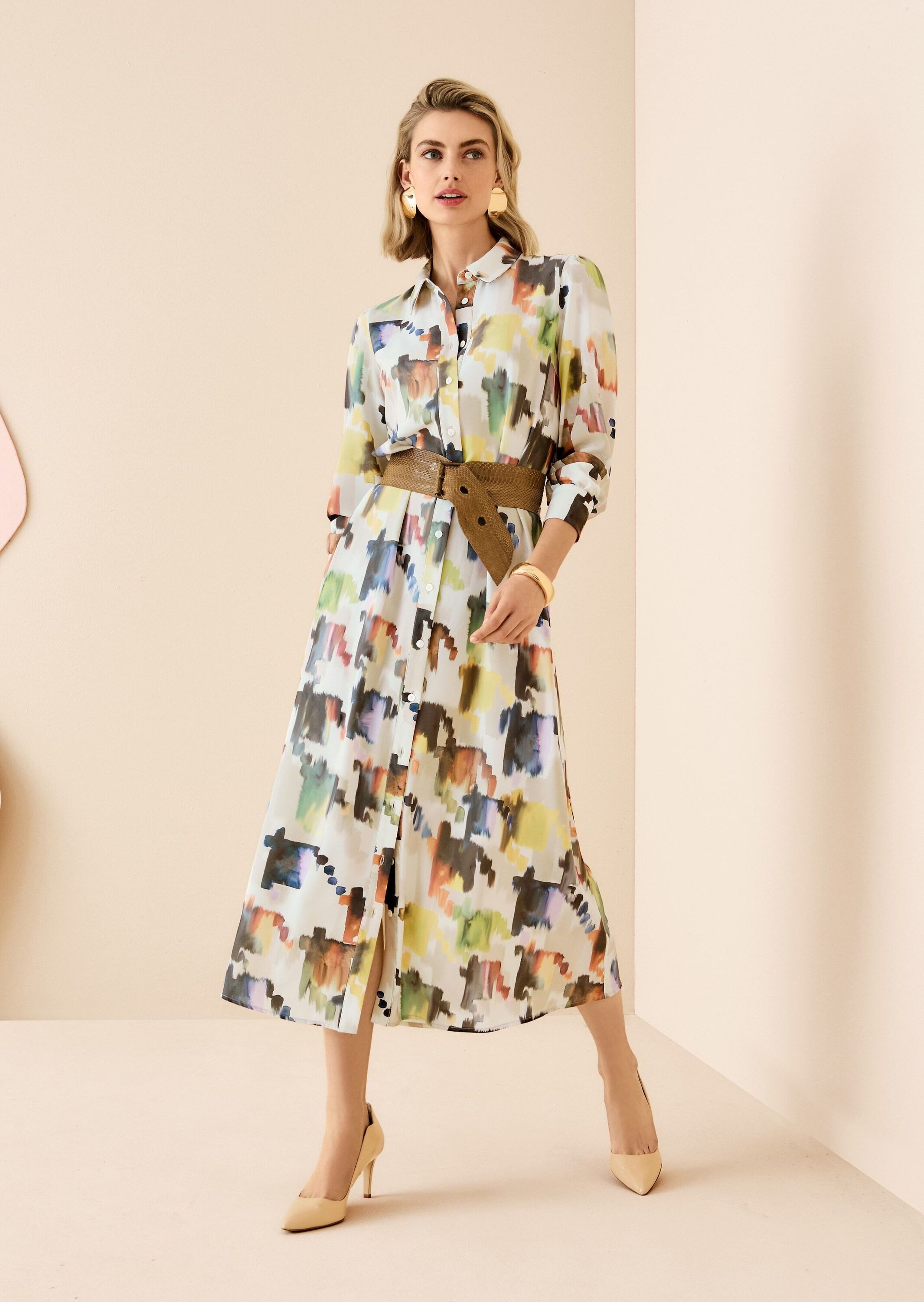 MADELEINE Midikleid Modernes Hemdblusenkleid mit Taillengürtel Langarmkleid mit Ethno-Muster und Hemdkragen