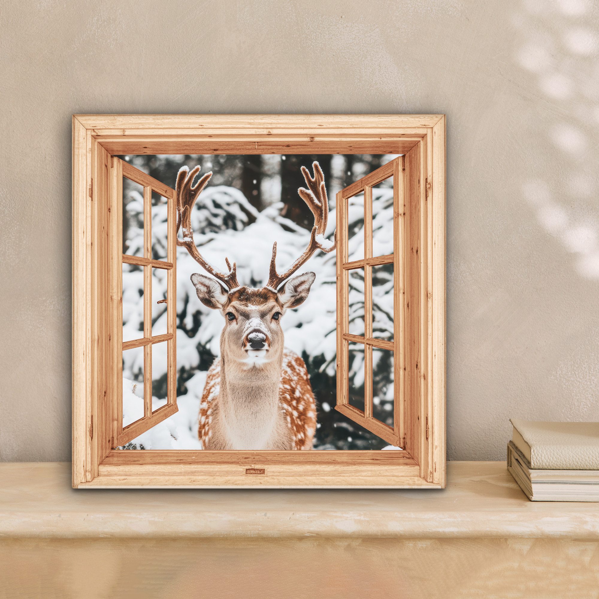 OneMillionCanvasses® Leinwandbild Fensterblick - Fenster - Hirsche - Schnee - Winter - Wald - Tiere, Fotodruck (1 St), Wandbild, Deko Schlafzimmer Wohnzimmer Flur 20x20 cm