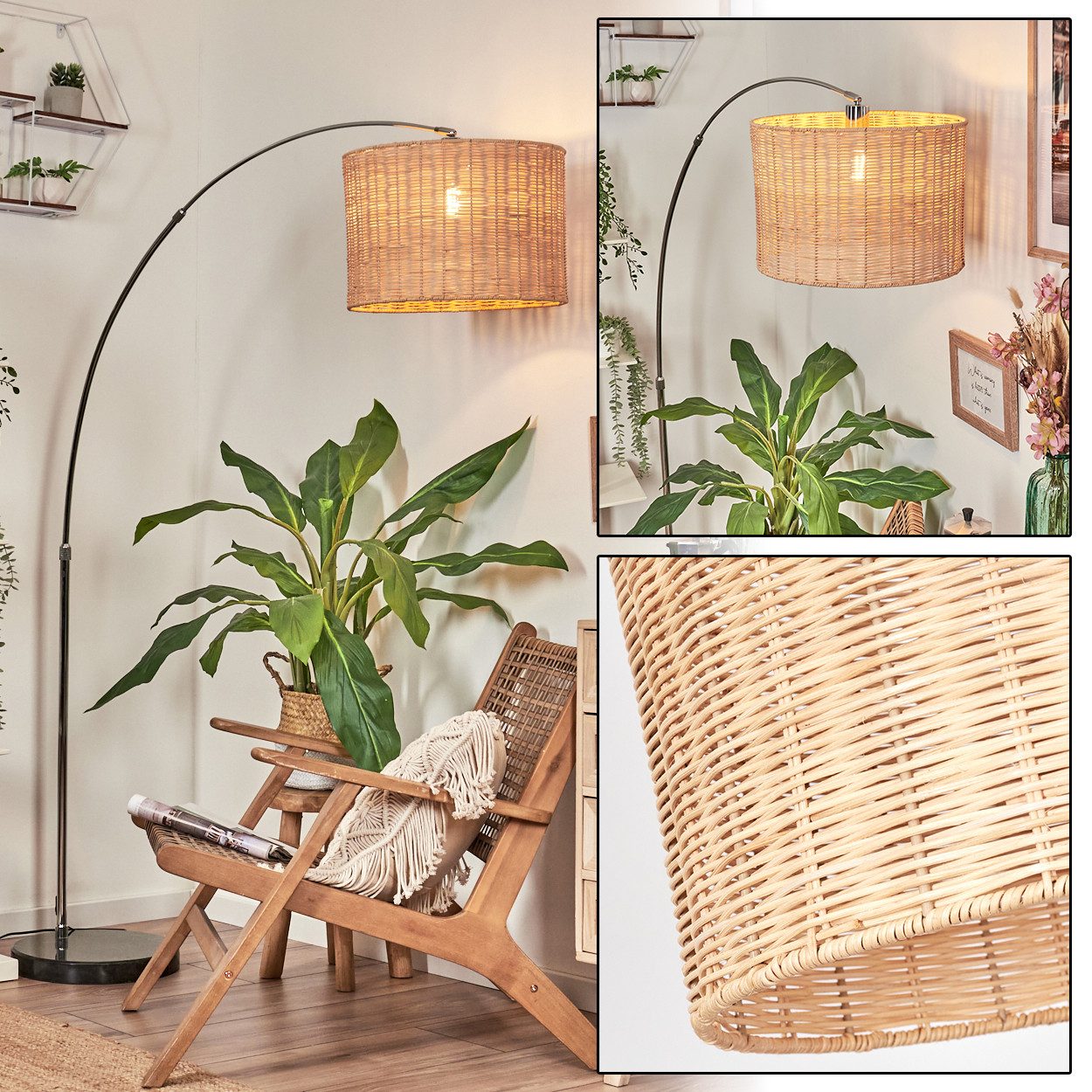hofstein Bogenlampe Stehlampe aus Metall/Rattan in Schwarz/Chrom/Natur, Stehleuchte im Boho-Design mit Marmorfuß u. Fußschalter (40 cm), E27