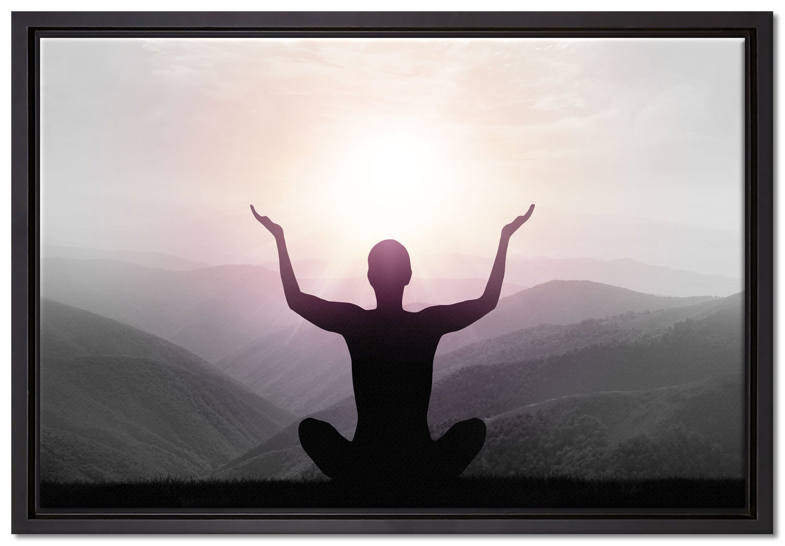 Pixxprint Leinwandbild Yoga in den Bergen, Wanddekoration (1 St), Leinwandbild fertig bespannt, in einem Schattenfugen-Bilderrahmen gefasst, inkl. Zackenaufhänger