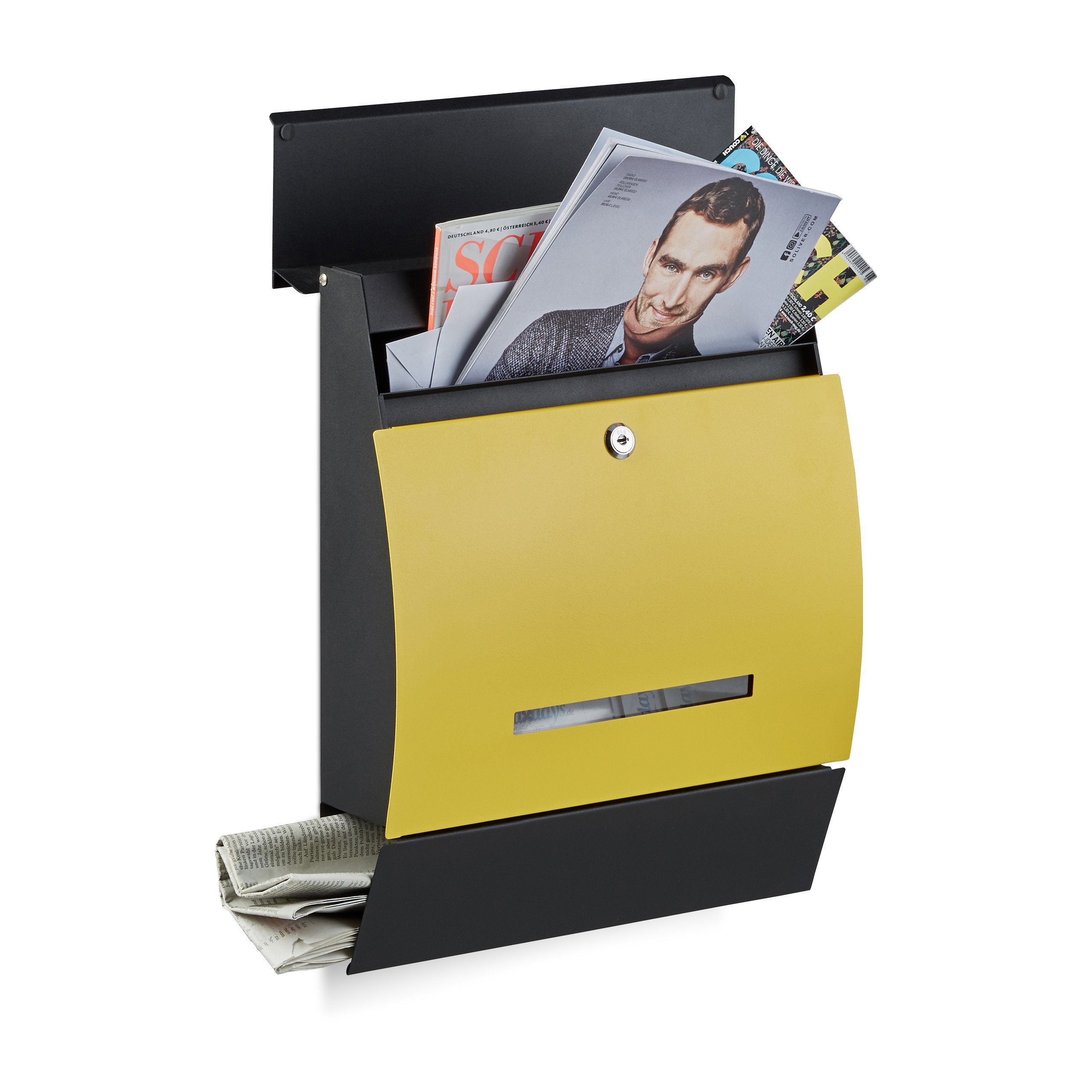 Design Briefkasten Zeitungsfach, Briefkasten Schwarz-Gelb Schwarz mit Gelb relaxdays