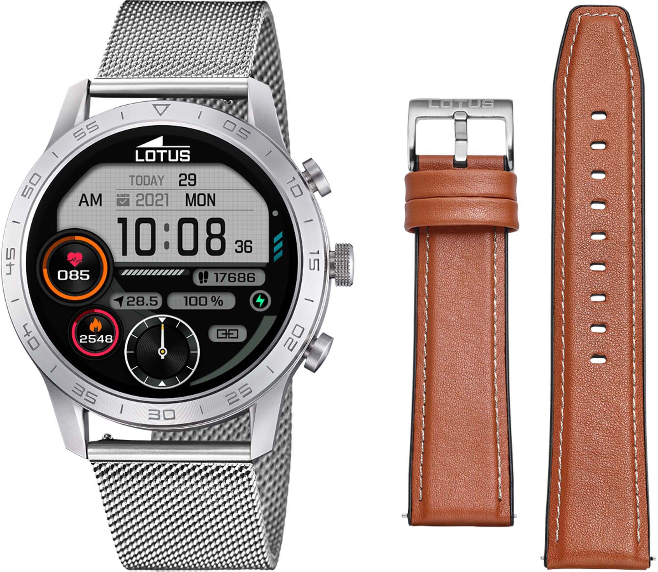 2-tlg., aus Wechselarmband Leder, Set, echtem Smartwatch mm ca. Ø aus 50047/1 Lotus Gehäuse Metall, mit 44