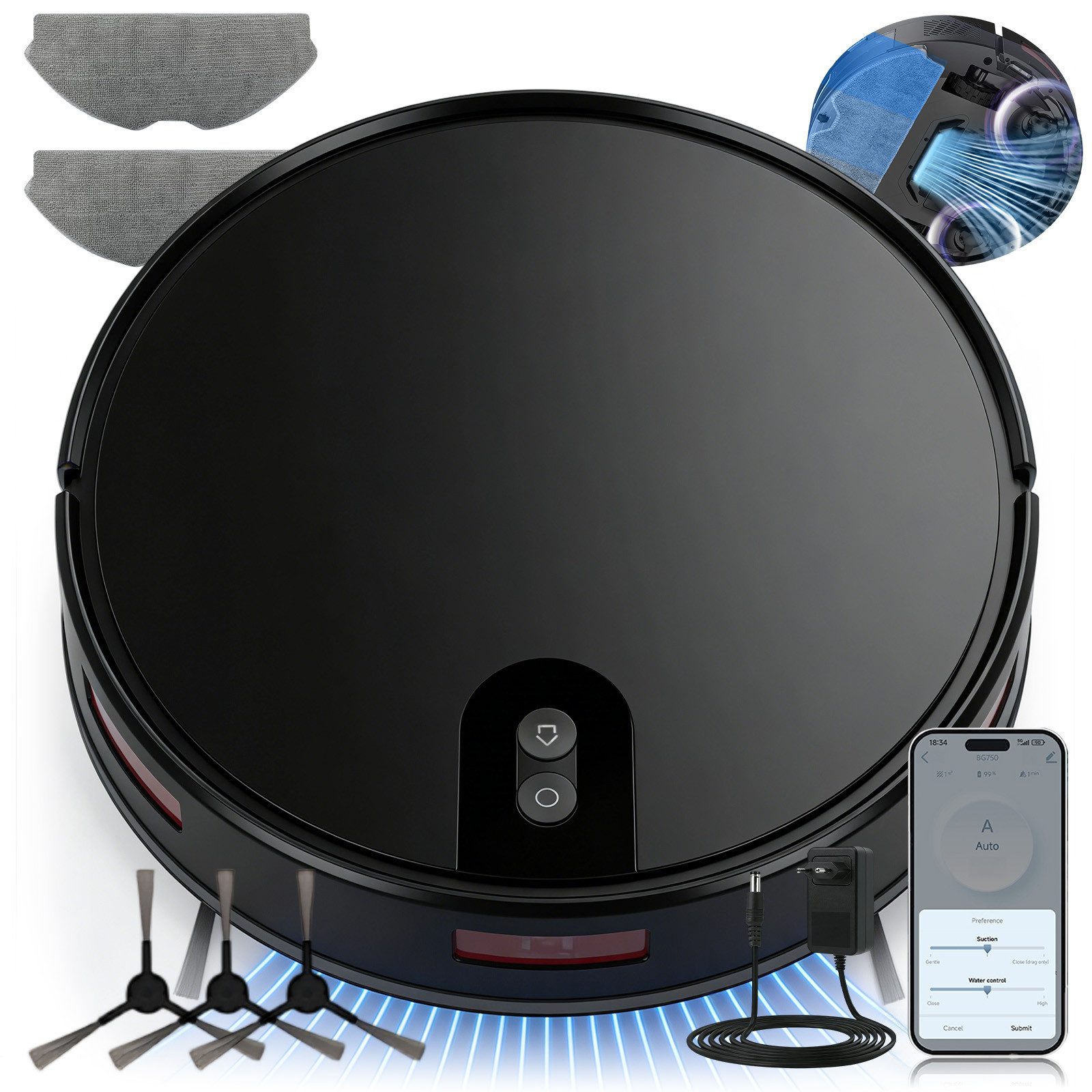 AKKEE Saugroboter mit Wischfunktion 2300Pa Starker Saugkraft, saug-und Wischroboter, Appsteuerung,150 Min. Laufzeit, 120m²