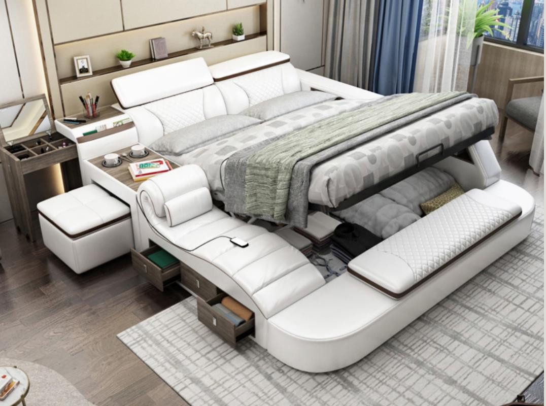 JVmoebel Multimediabett Multifunktions Bluetooth Boxen in Weiß mit Lederbezug (1-tlg), Made in Europa