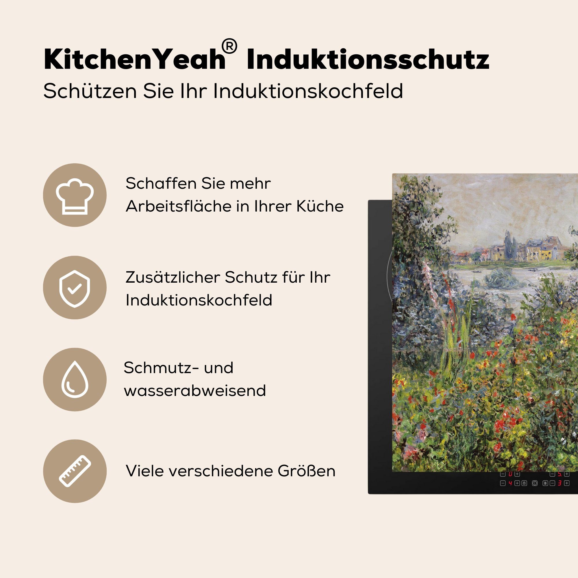 Monet, Vetheuil die Claude Blumen - Induktionsmatte (1 für Herdblende-/Abdeckplatte Gemälde von cm, tlg), in küche, MuchoWow Vinyl, Ceranfeldabdeckung 59x52