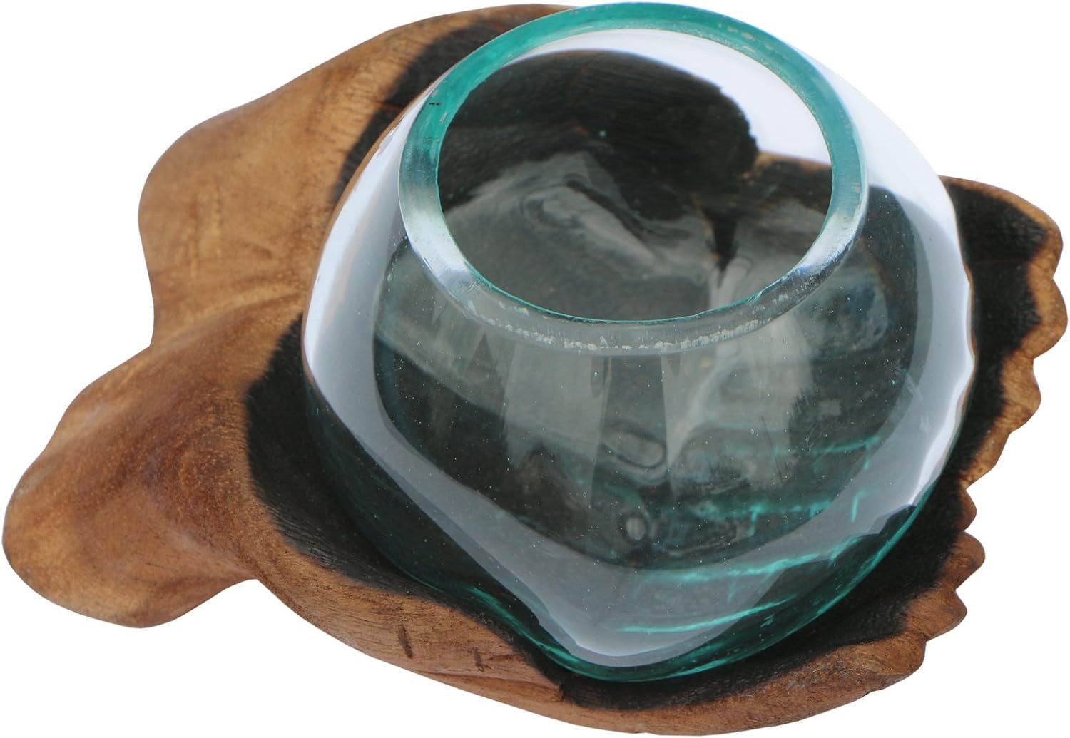Wogeka Dekoschale Glas Schale Ø 10 cm in geschnitzter Holz Hand Teakholz Gamal Bali Vase – Bild 4 von 4