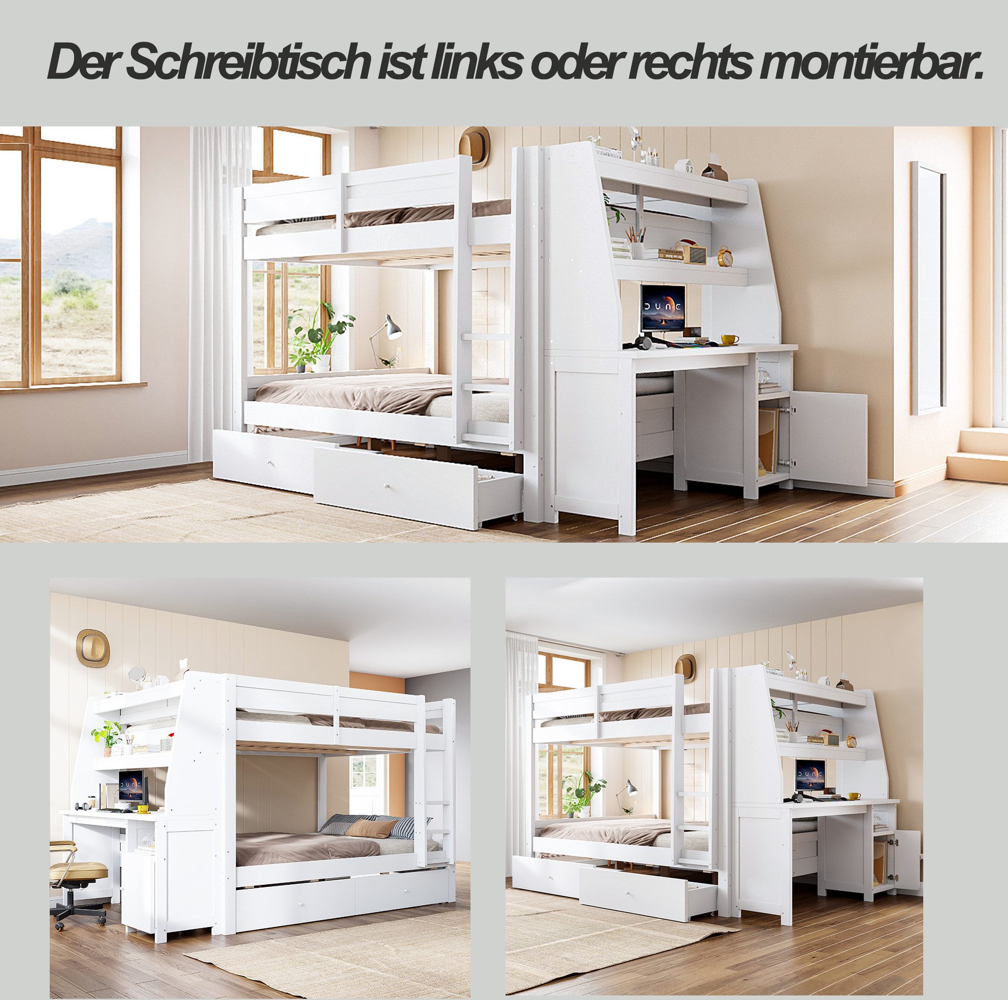 MODFU Etagenbett Kinderbett mit seitlichem Stauraumschrank links oder rechts montierbar (140x200cm, inklusive Schreibtisch, Schubladen und Ablagebereich, Funktionsbett Jugendbett), ohne Matratze