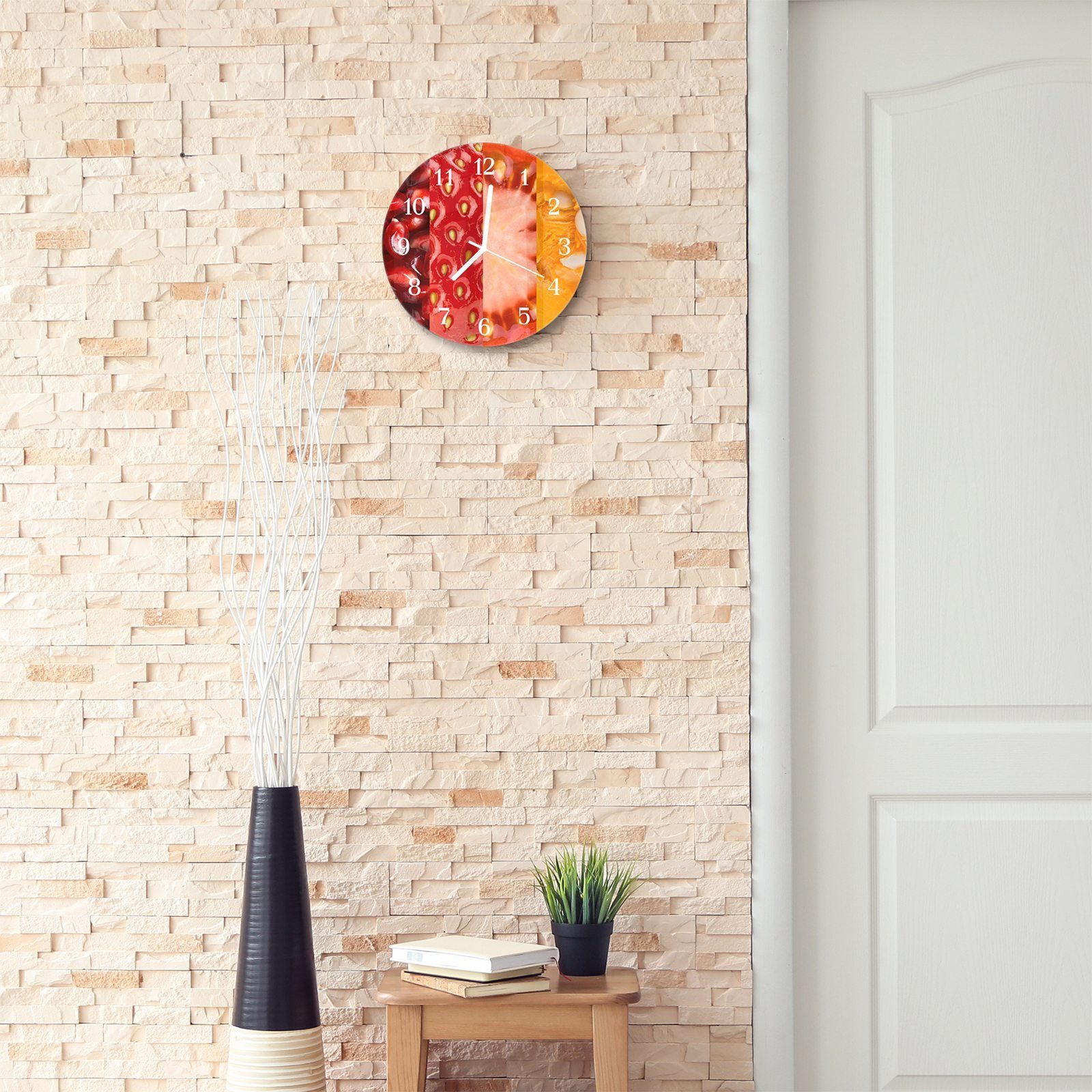 Primedeco Wanduhr Wanduhr aus Glas Rund Verschiedene Quarzuhrwerk 30 mit - und mit cm Früchte Durchmesser Motiv
