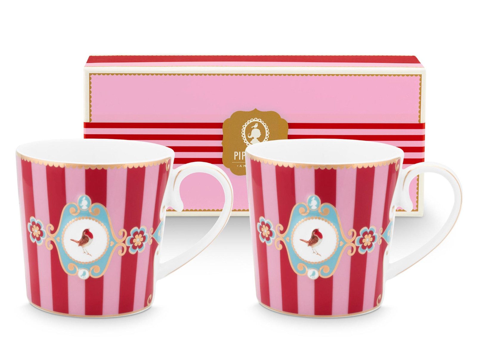 PiP Studio Becher Love Birds Medallion Stripes Red-Pink Henkelbecher Small 0,15l Set2, Porzellan