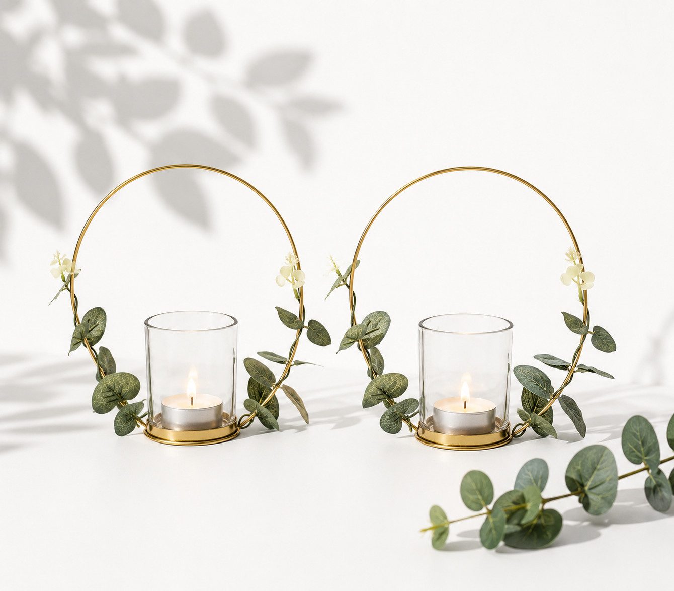 BOLTZE Teelichthalter 2er Set Teelichthalter Metall Gold mit Glas & Eukalyptus Ø 22 cm