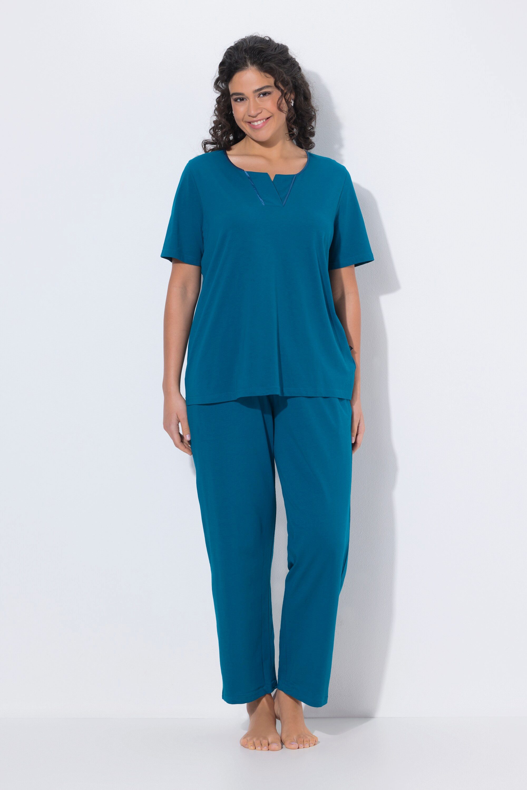 Ulla Popken Pyjama Pyjama Tunika-Ausschnitt Satinpaspel 3/4-Arm
