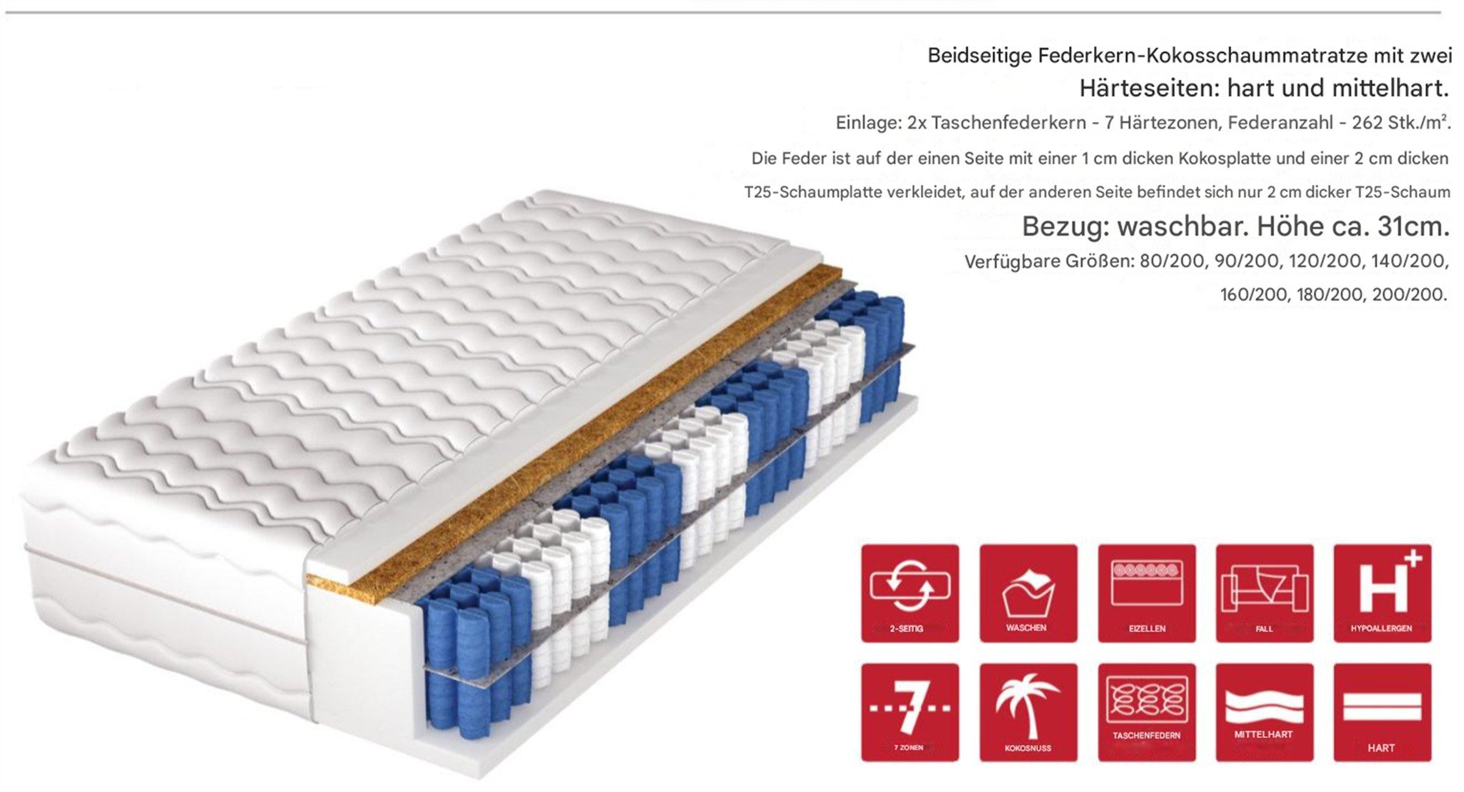 Taschenfederkernmatratze Matratze Taschenfederkern 7 Zonen KING DELUX H3, Fun Möbel, 30 cm hoch, (Erholsamer Schlaf für Paare & Alleinschläfer), Bezug: waschbar