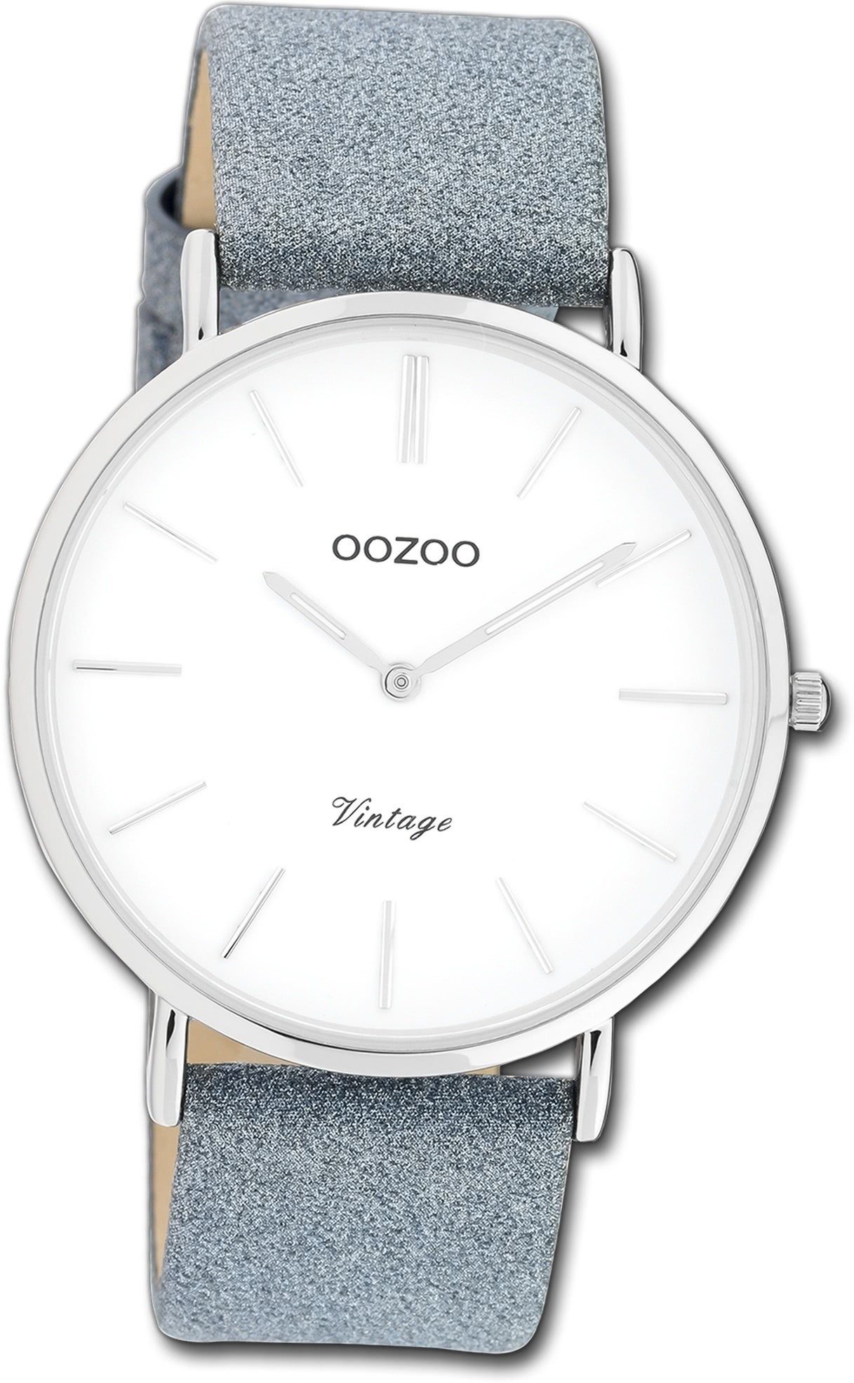 OOZOO Quarzuhr Oozoo Damen Armbanduhr Ultra Slim, Damenuhr Lederarmband grau, rundes Gehäuse, groß (ca. 40mm)