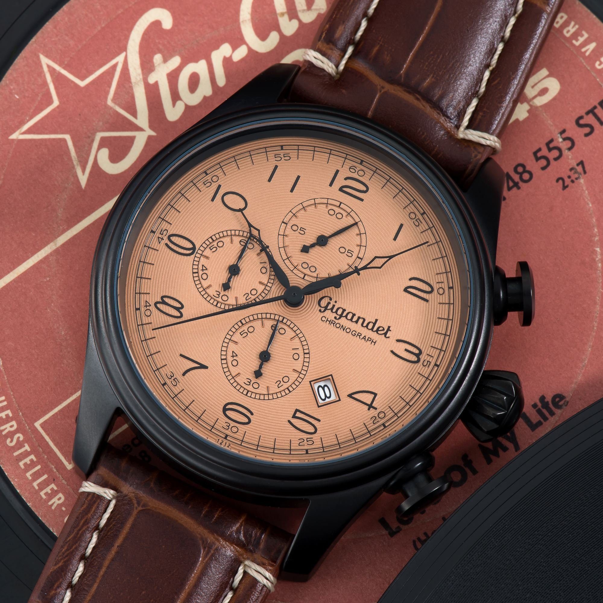 Gigandet Chronograph Armbanduhr, Herrenuhr, Fliegeruhr, 46mm, TIMELESS G41-004, Mineralglas, Datumsanzeige, Lederband, 5bar/50m wasserdicht