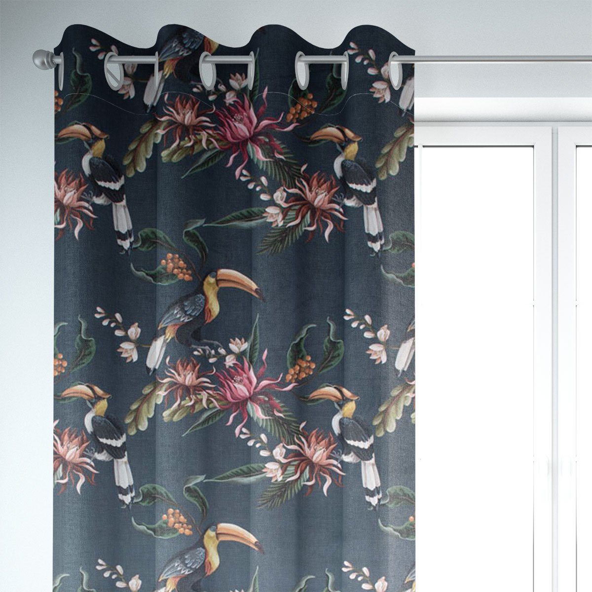 SCHÖNER LEBEN. Vorhang SCHÖNER LEBEN. Vorhang Velvet Digitaldr. Exotik Kakadu Blüten dunkelb, Ösen, blickdicht, Samt, handmade. € 124,00