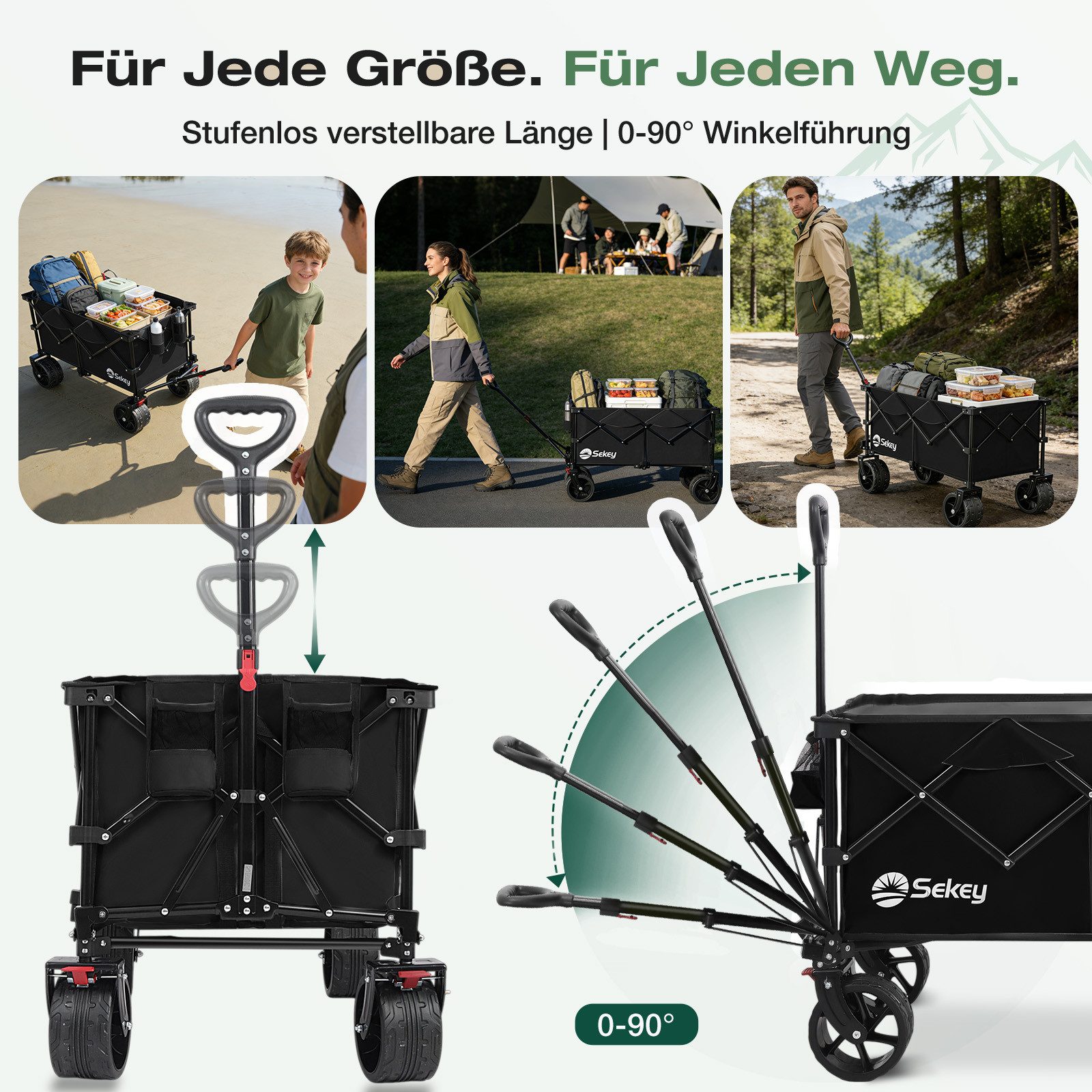Sekey Bollerwagen Faltbar Handwagen Faltbollerwagen mit extra breiten All-Terrain-Rädern, XXL Plus Bollerwagen 200L 200KG Belastbar, 4-Wege-Sofortaufbau