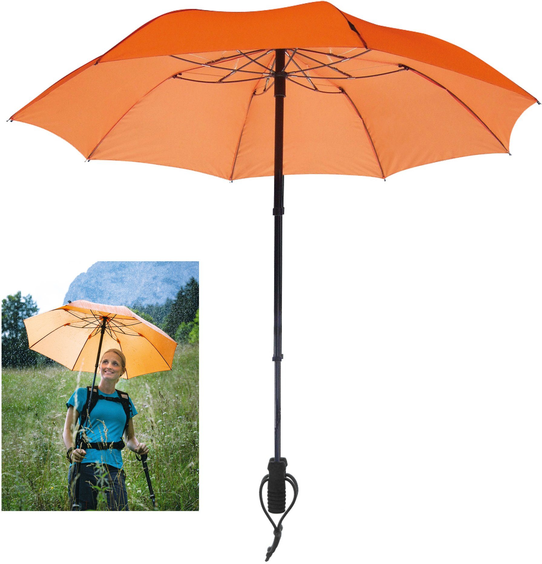 EuroSCHIRM® Taschenregenschirm teleScope handsfree, orange, handfrei  tragbar, Kann an jedem Rucksack mit Hüftgurt befestigt und handfrei  getragen werden