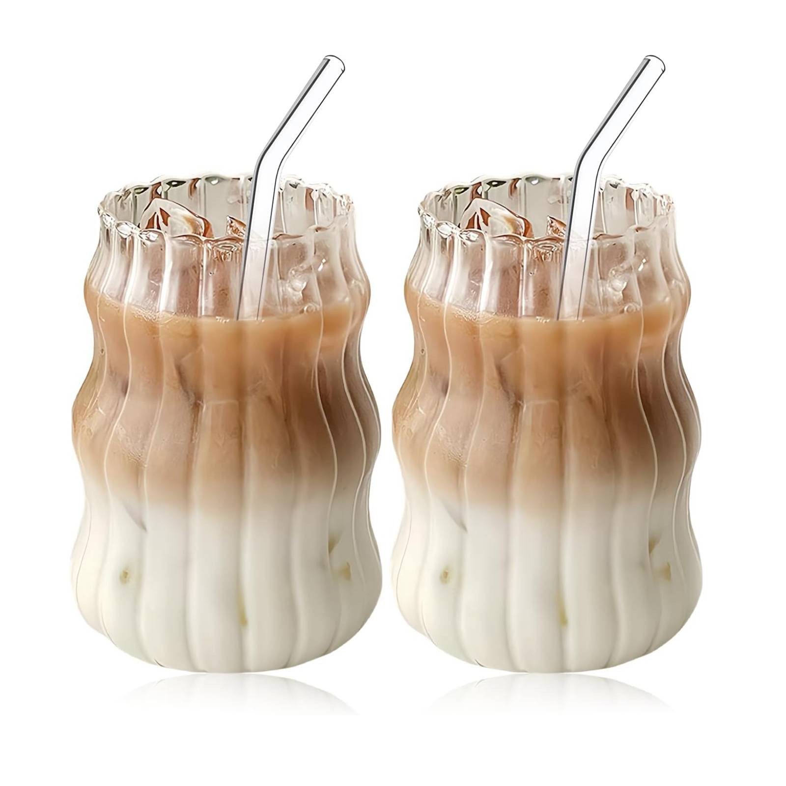 BlingBin Latte-Macchiato-Tasse 2er Set Gerippte Trinkgläser Getränkegläser, Чашки для эспрессо Gläser Set, Glas, Кофейные чашки Mit 2 Straws Für Cappuccino, Latte, Kaffee, Milch, 530ML