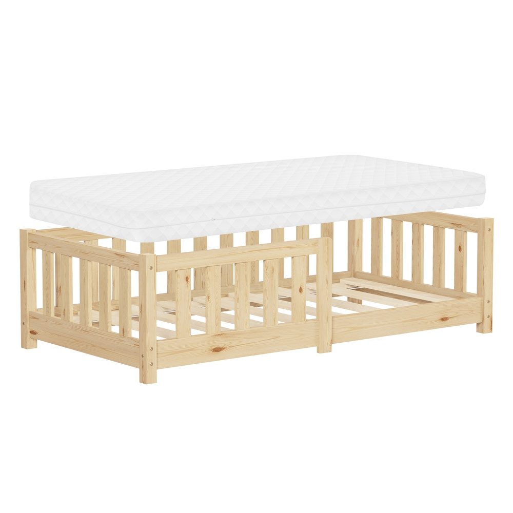 ML-DESIGN Spielbett Bodenbett Holzbett mit Lattenrost & Rausfallschutz Jugendbett Babybett, Abenteuerbett mit Matratze H-10 cm 70x140cm Kinderbett Bettgestell