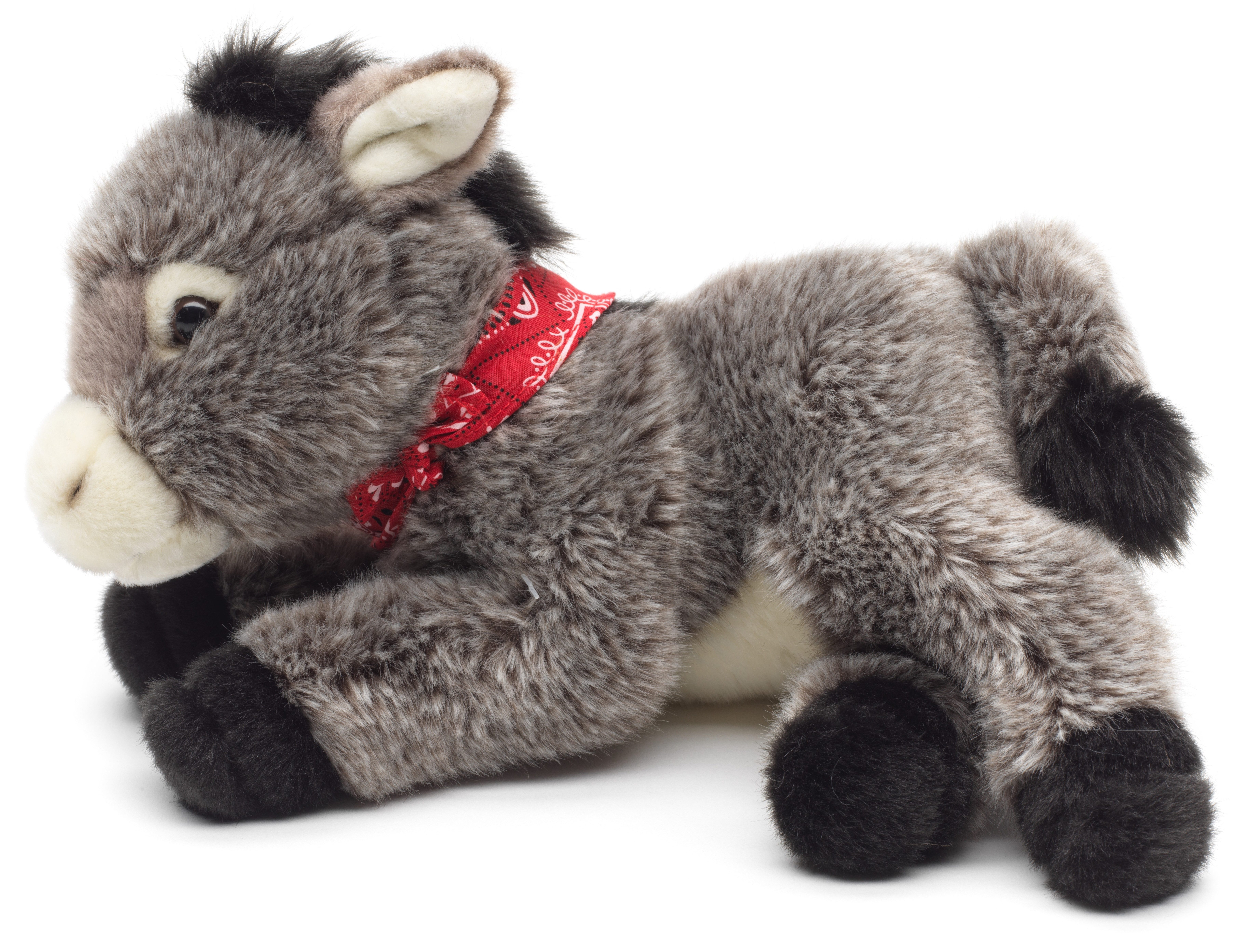 Uni-Toys Kuscheltier Esel mit Halstuch, liegend - 28 cm (Länge) - Plüsch-Pferd, Plüschtier, zu 100 % recyceltes Füllmaterial