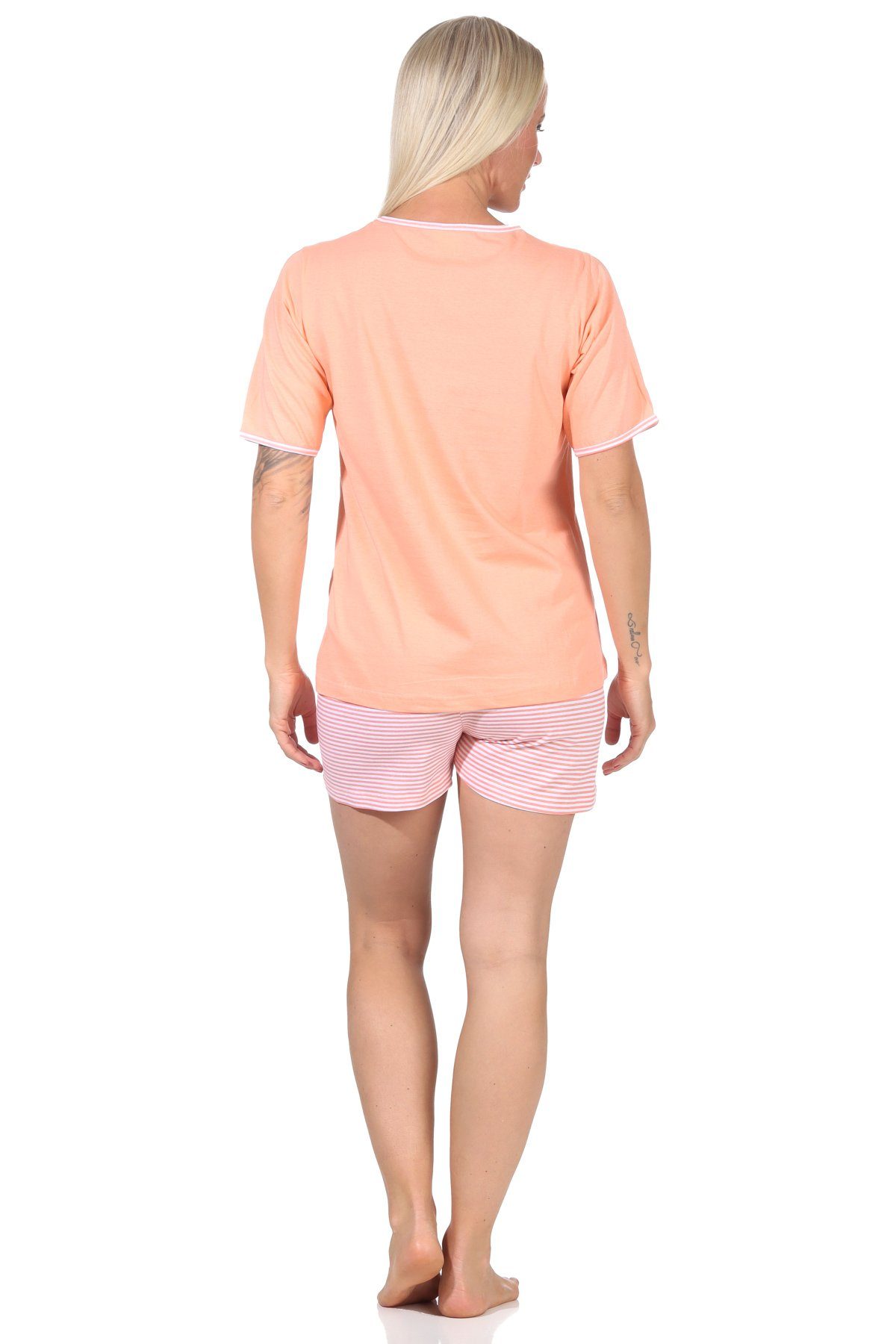 Shorty-Schlafanzug, Pyjama Normann kurze Frontprint mit Damen Hose, apricot
