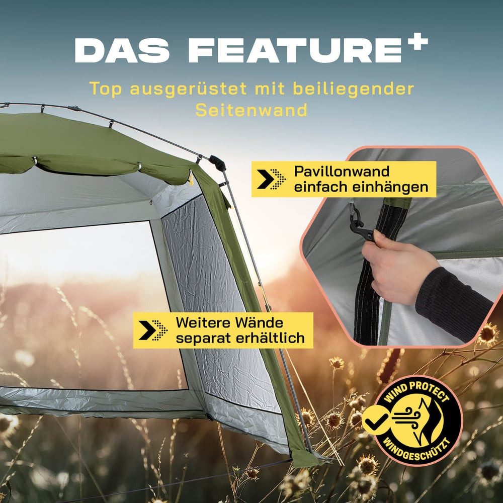 Lumaland Pavillon Pop Up Pavillon Aufbau in unter 2 min sechseckig 155x215x167cm, Camping Reisen Party Schutz vor Regen Wind Wetter transportabel