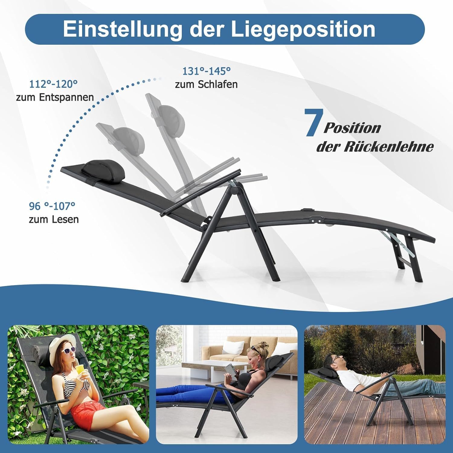 KOMFOTTEU Gartenliege, 8 Positionen verstellbar, Tragfähigkeit von 150