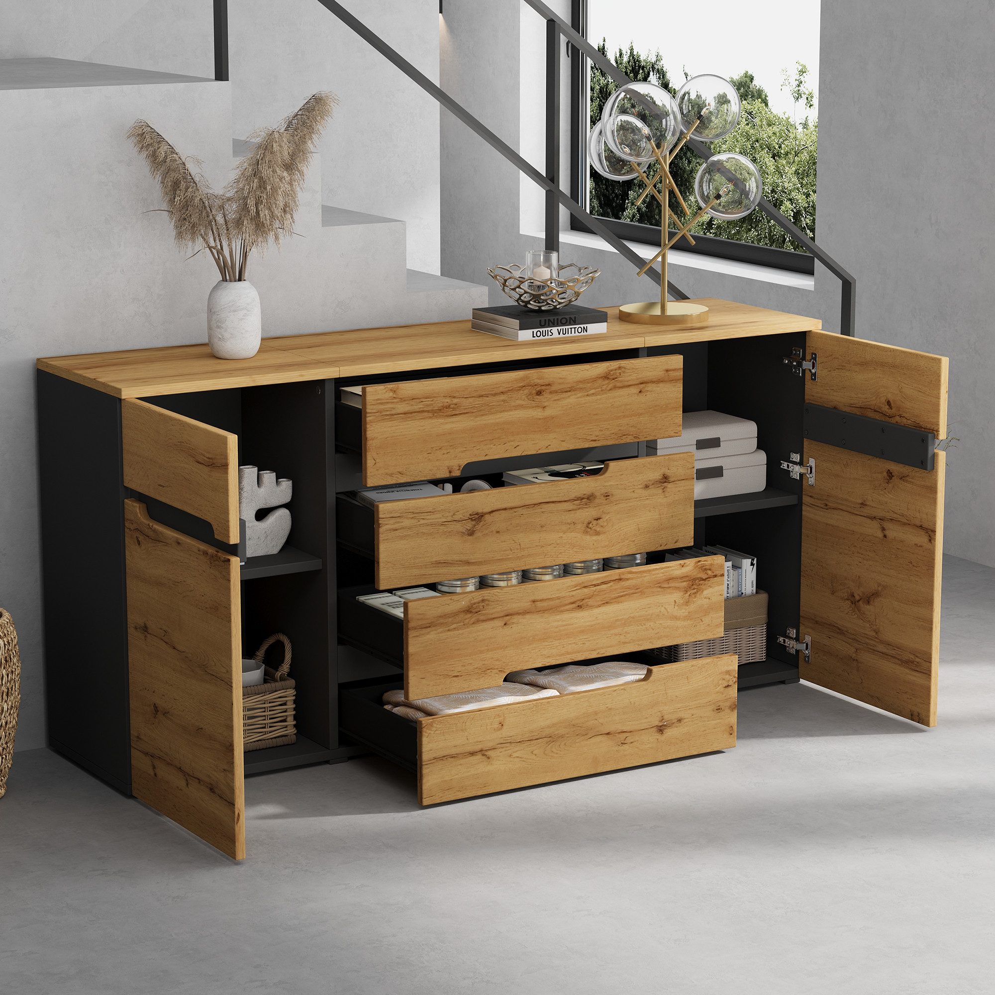 Merax Sideboard in Holzoptik und Schwarz, moderner Esszimmer- & Beistellschrank (1 St), Kommode mit 2 Türen und 4 Schubladen, Wohnzimmerschrank, 160x40x80cm