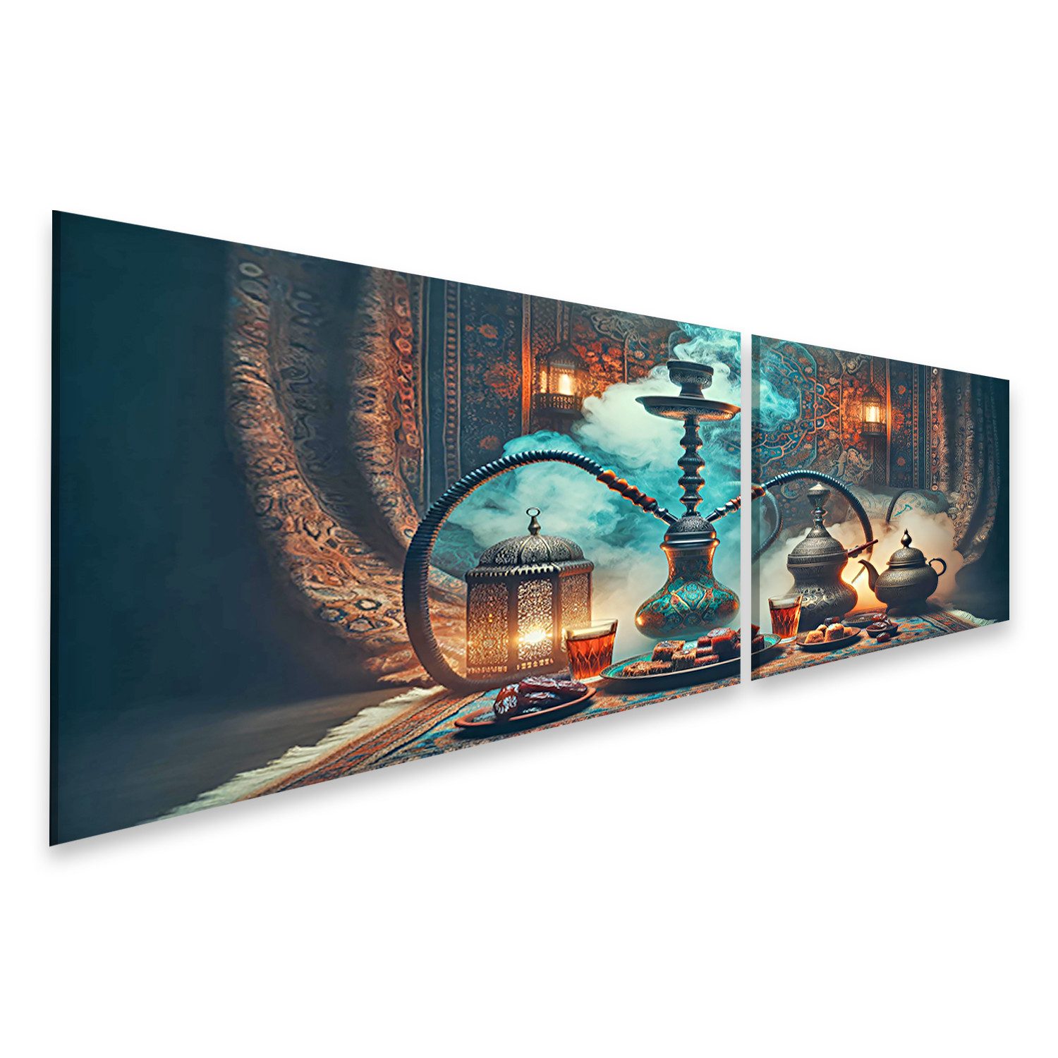 Leinwandbild Orientalische Wasserpfeife mit Tee und Gebäck für Shisha Lounge Bar