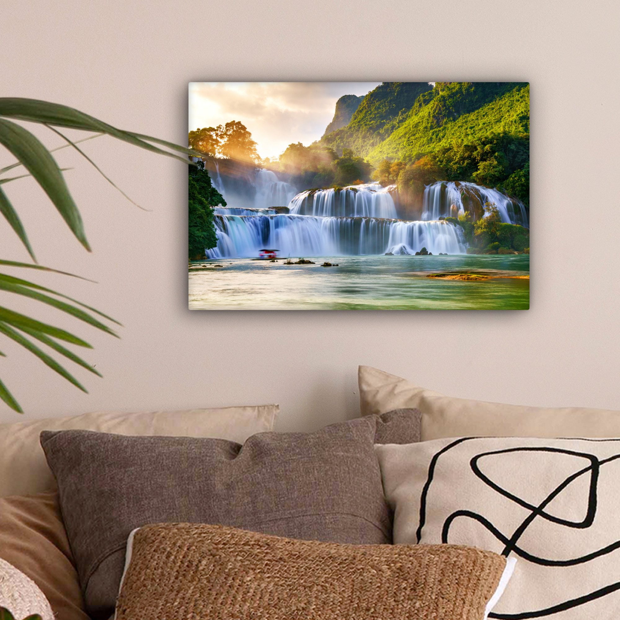 OneMillionCanvasses® Leinwandbild Wasserfall - Pflanzen - Sonne - Wasser - Natur, Fotodruck (1 St), Leinwand Bilder Klein, Wand Dekoration Aesthetic 30x20 cm