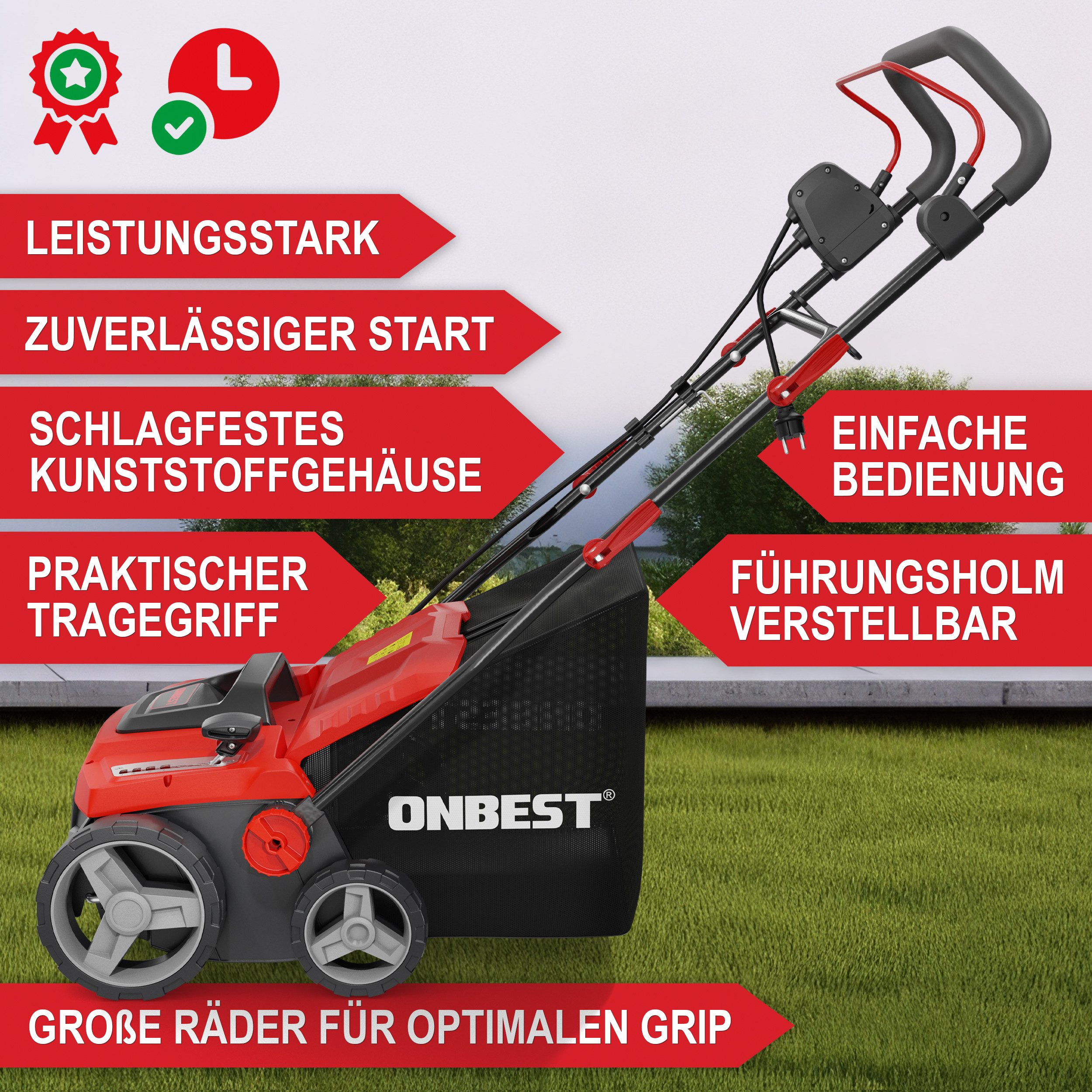 Onbest Elektro-Vertikutierer / Lüfter S1838 2in1 mit 1800 W, 38,00 cm Arbeitsbreite, (4-tlg), 45L Fangkorb, 24 Federkrallen, 16 Doppelmesser