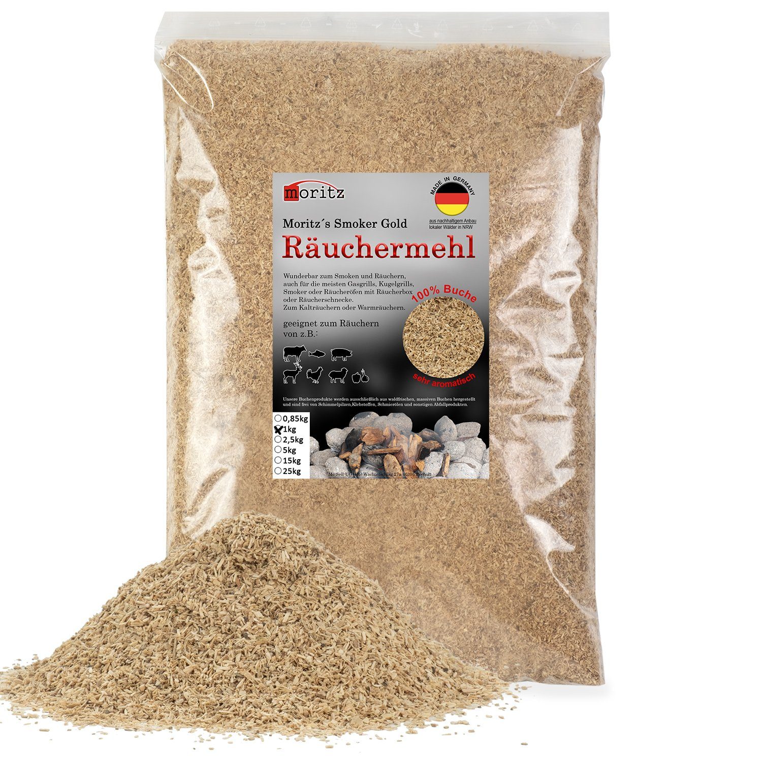 Moritz Räucherbox 1kg Räuchermehl Buche fein 0,5 -1 mm Räucher Mehl Späne für Schnecke Sparbrand Spirale Fisch Fleisch