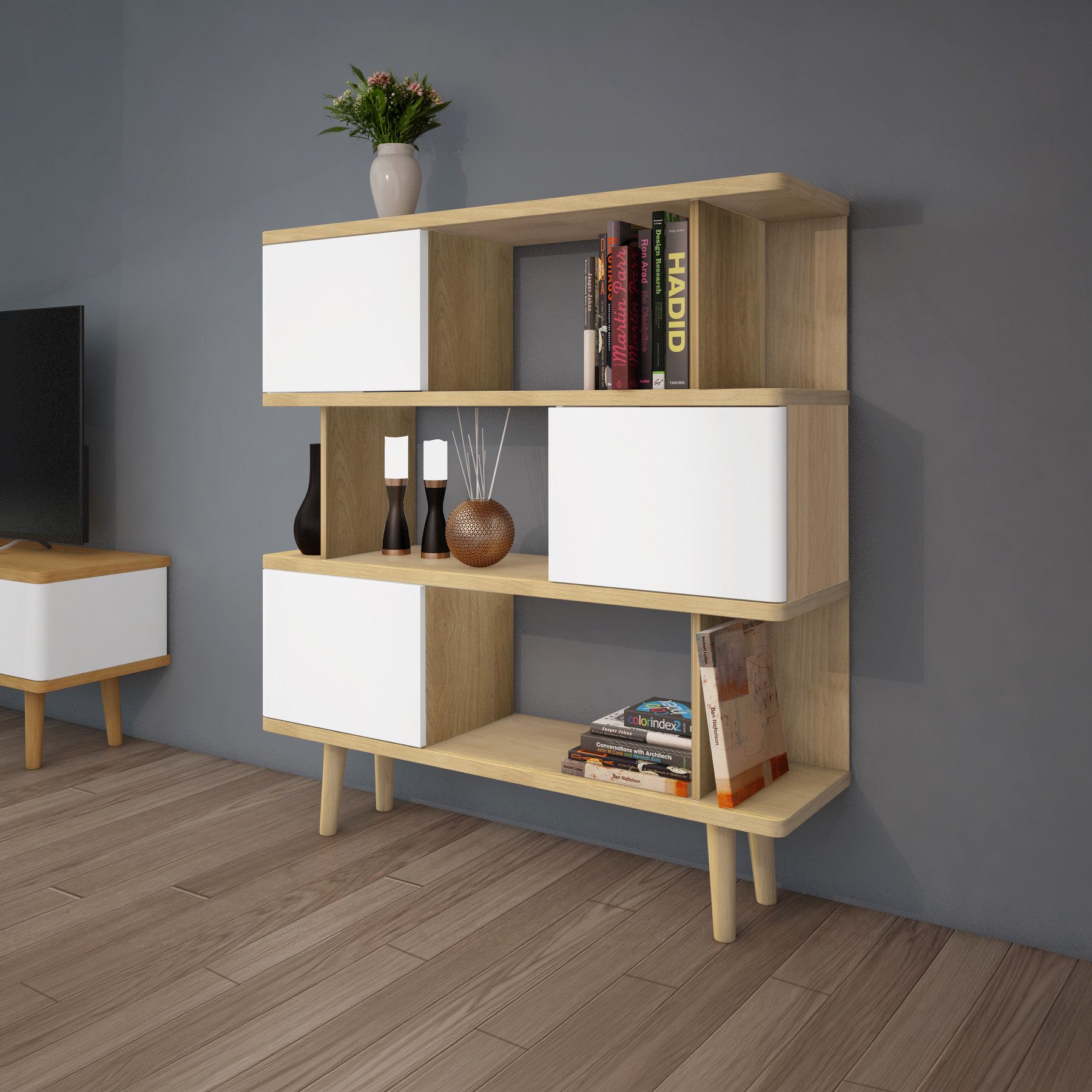 loft24 Bücherregal Aria, Regal, Standregal mit Türen, skandinavisches Design, modern