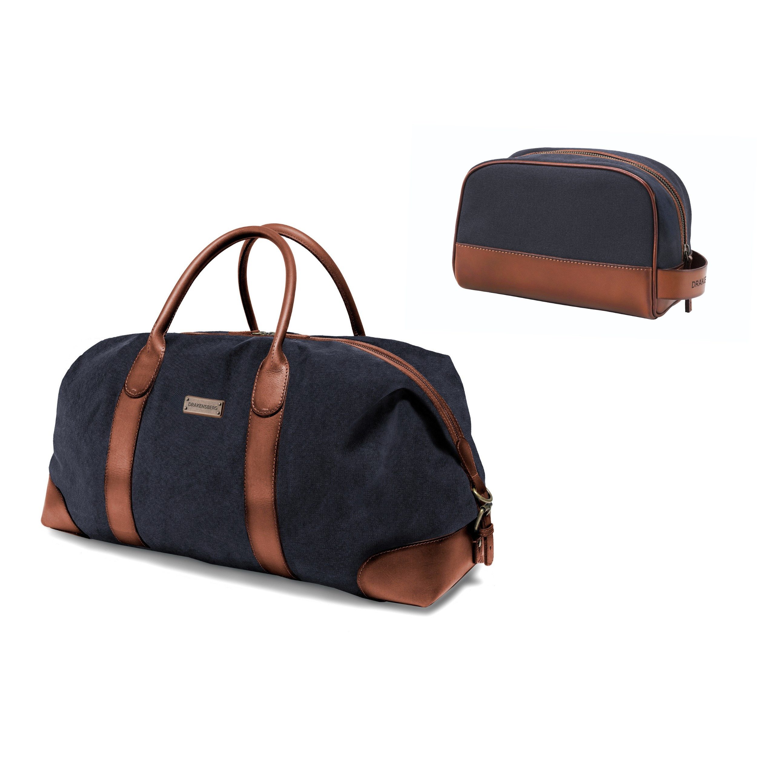 DRAKENSBERG Reisetasche Weekender »David« (60) & Kulturbeutel »Glen« Marine-Blau, aus Canvas und Büffelleder, Bundle, für Damen, Herren, wasserabweisend