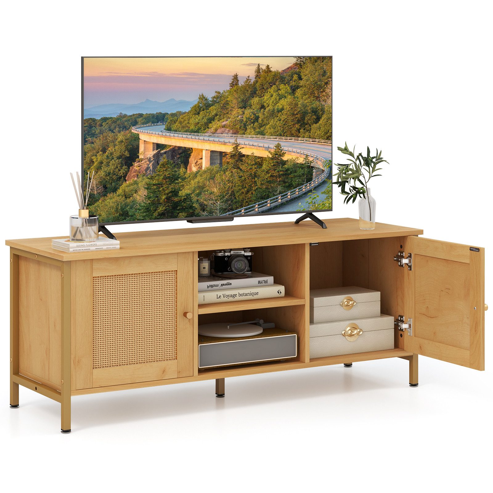 COSTWAY TV-Schrank mit 2 Türen aus Rattan & Fächern, Holz, 120x40x48cm