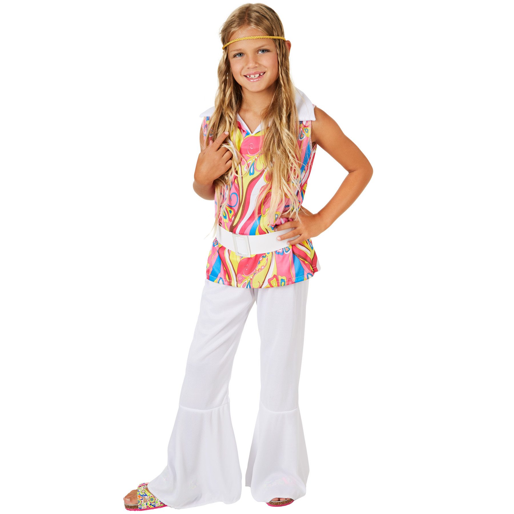 dressforfun Hippie-Kostüm Tänzerin, auch Partygängerin, in weiß, Inkl. Gürtel und Haarband, Gr. 140 (9-10 Jahre), Discomuster, Weiße Schlaghose mit Gummibund